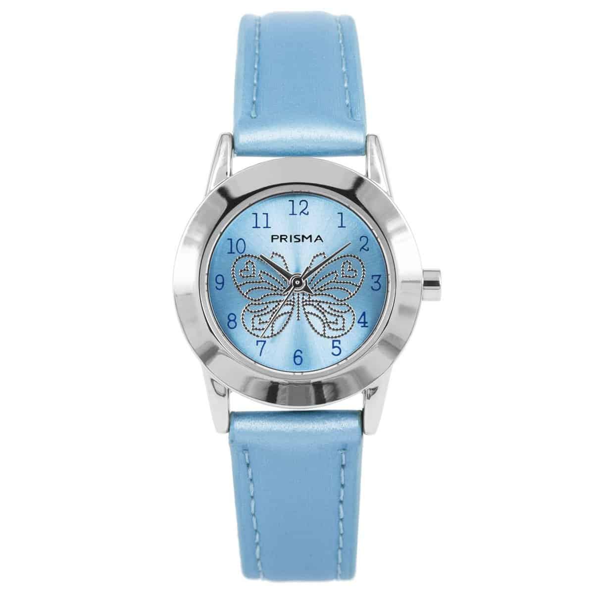 Prisma 184 meisjes Butterfly horloge 		
		
Algemeen		
Geslacht: meisjes		
Model: CW184		
		
Voordelen		
- band PU leder blauw (blauw kleurig stiksel)		
- wijzerplaat zilver met blauwe cijfers (arabisch)		
- duidelijke tijdsweergave		
- quartz		
- maat kast 26,5mm (breedte) 8mm (dikte)		
		
