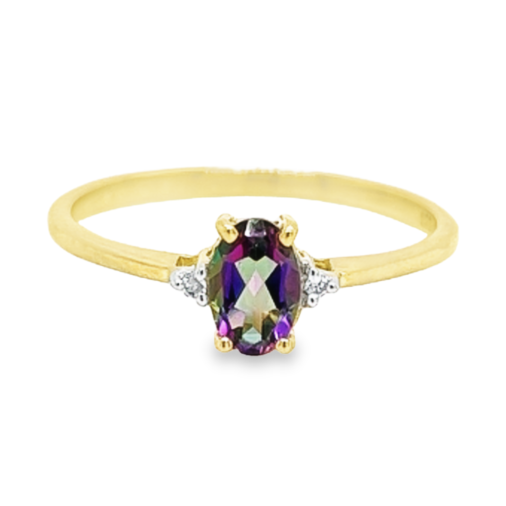 Geelgouden ring met Mystic Green Topaas en Diamantin maat 53 (17)