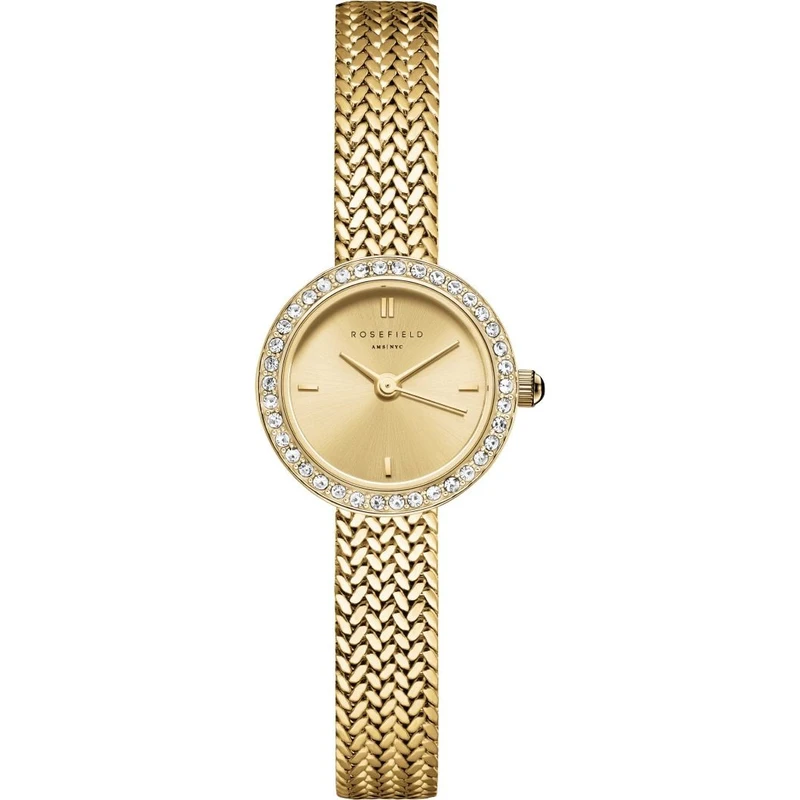 Duik in de gouden wereld van elegantie en verfijning met het Rosefield MCGMG-M03 Mini Small horloge 20,4 mm. Dit meesterwerk van subtiele luxe voegt een vleugje glamour toe aan elke look. De schitterende gouden kleur van de kast, wijzerplaat, wijzers en band weerspiegelen pure klasse. Met een kastdiameter van 20,4 mm en een hoogte van slechts 6,5 mm, omlijst het horloge uw pols op de meest delicate manier. De vouwsluiting zorgt voor een naadloze drager ervaring terwijl de Quartz-techniek zorgt voor precisie in de tijdmeting. Door zijn 3 ATM - 3 BAR - 30 meter waterdichtheid is een spatje water geen enkel probleem. De kastvorm is rond, wat een tijdloze uitstraling garandeert. Het MCGMG-M03 horloge is vervaardigd uit hoogwaardig Edelstaal PVD, gecombineerd met mineraal glas, waardoor je een stukje duurzaamheid in handen hebt.