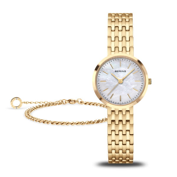 Uurwerk:	Quarz
Kleur horlogekast:	Goud
Materiaal kast:	RVS
Glas:	Saffierglas
Waterdicht:	5 ATM
Kleur band:	geel goud
Band materiaal:	RVS
Type sluiting:	Vouwsluiting
Kleur wijzerplaat:	Wit
Tijdsaanduiding:	Analog
Ø mm:	26

Geschenkset met goudkleurige armband