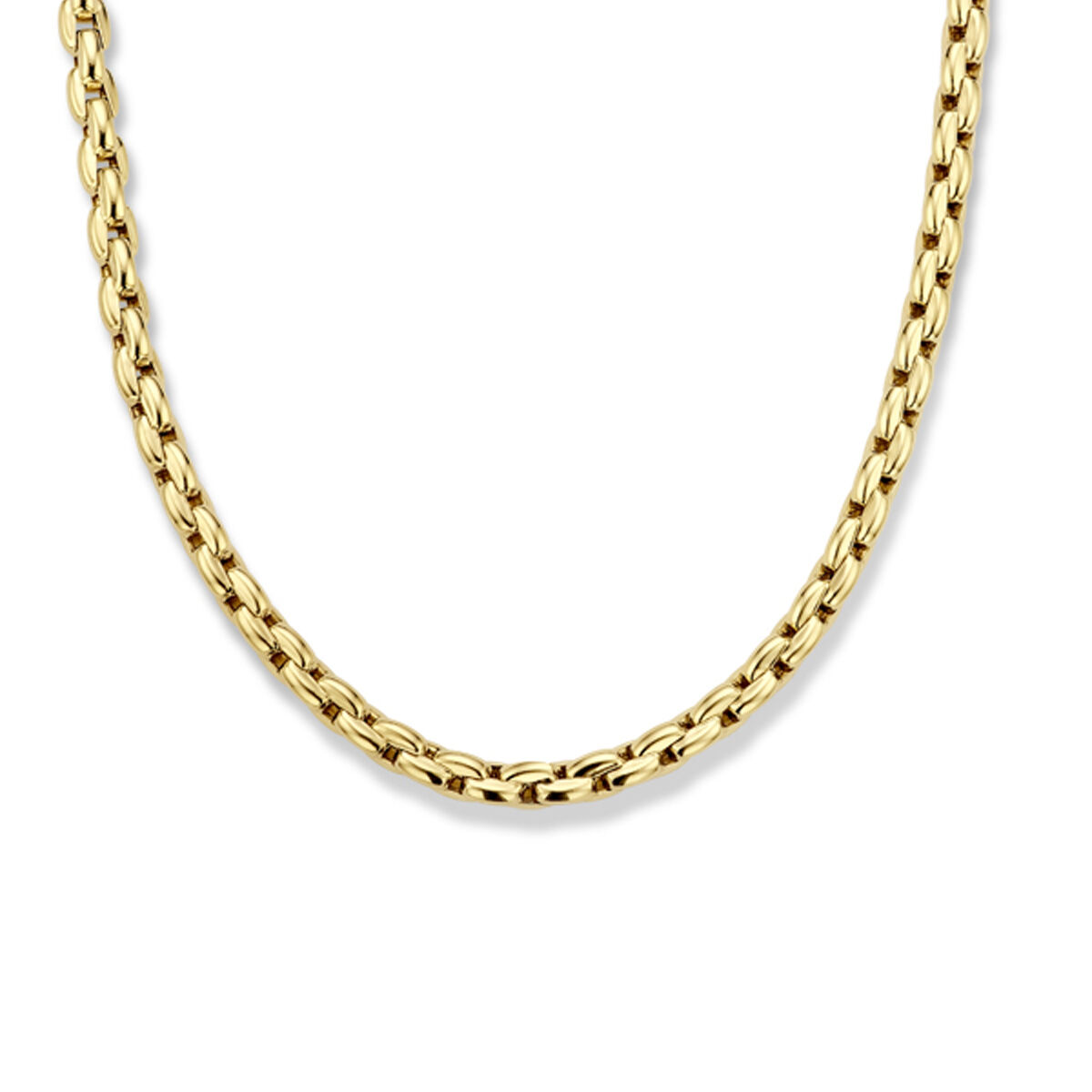 14 Karaat Geelgouden collier met een schakelbreedte van 6,5mm. Het collier heeft draaglengte 50cm. Uitgevoerd met een witgouden karabijn sluiting.