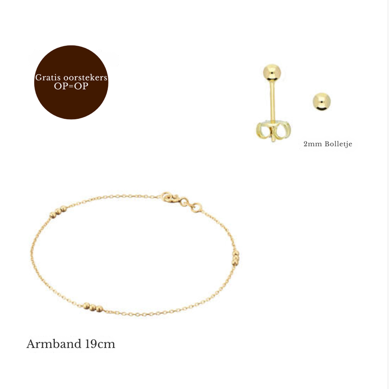 Gouden armband met gratis oorstekers 2mm bol