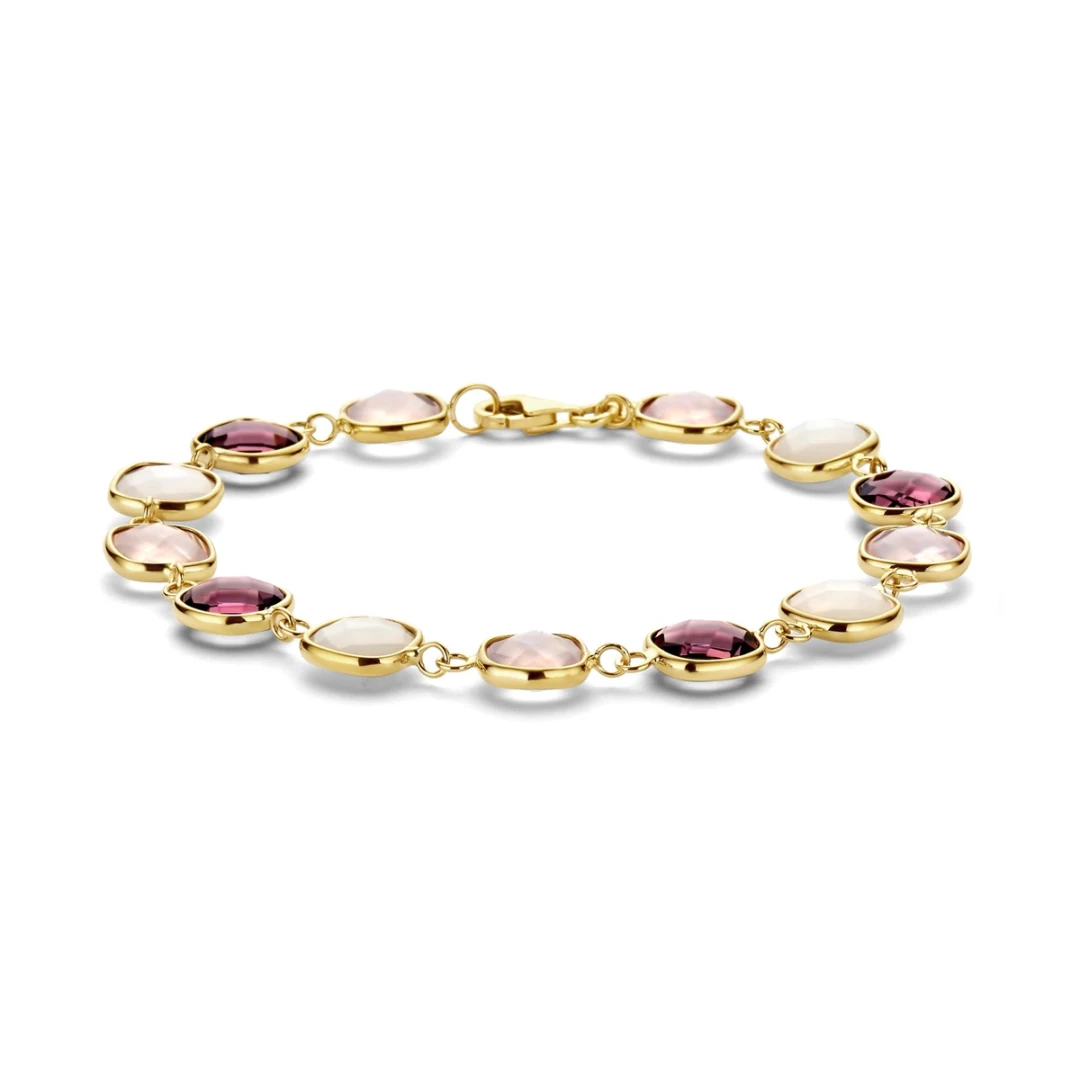 14kt gouden armband met witte quartz en rhodoliet