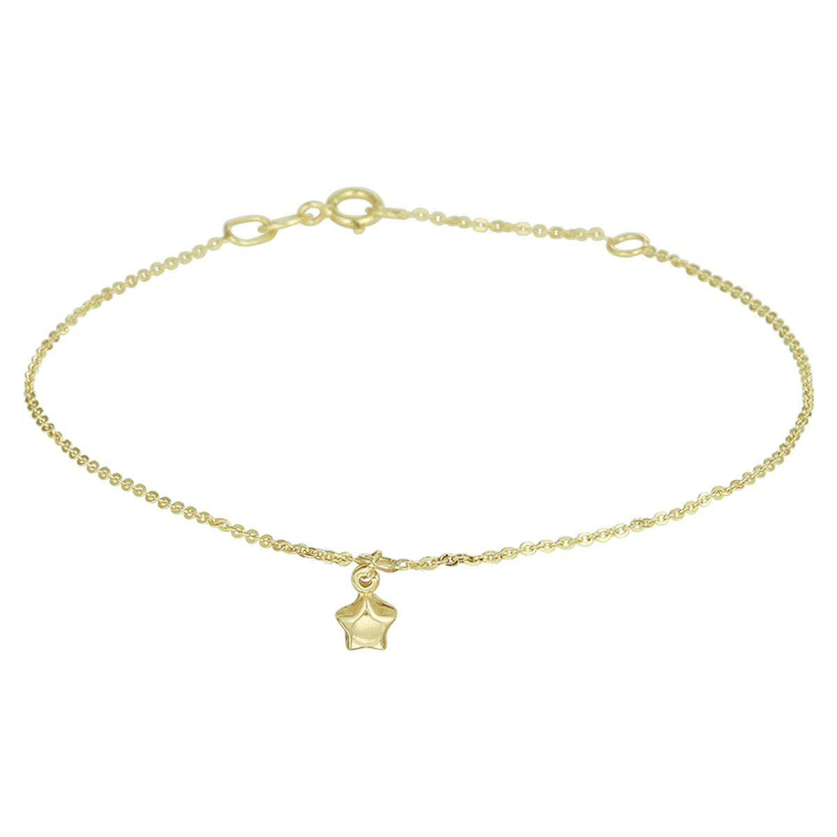 Trendy geelgouden anker enkelbandje met draaglengtes van 24 en 26cm uitgevoerd met een poli afgewerkte ster van 6.3x4.3mm. De schakelbreedte is 1.0mm.