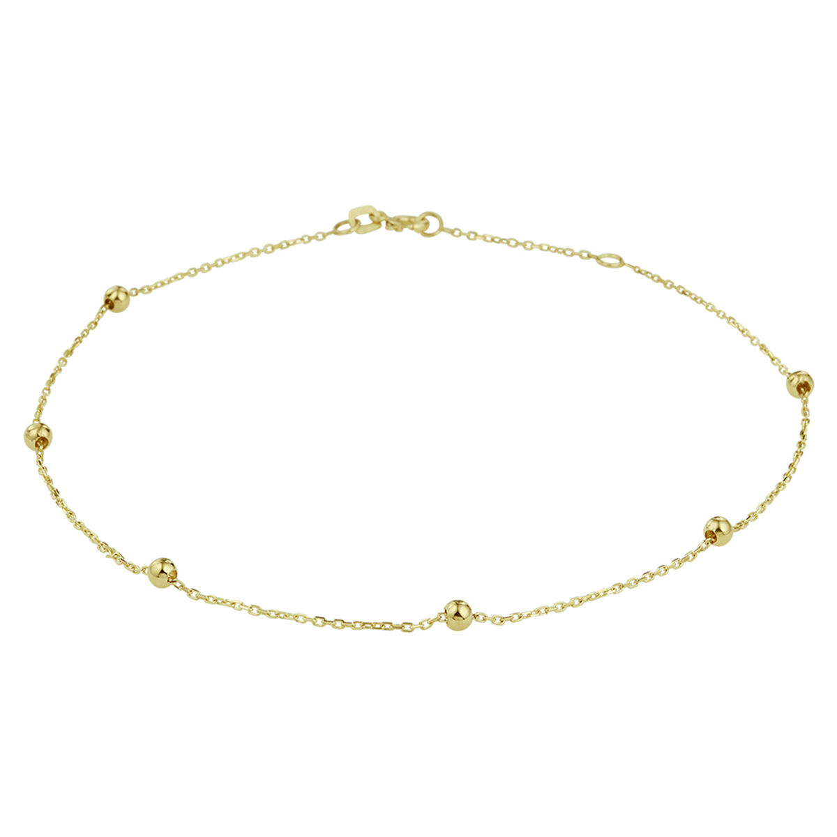 37332100126G Geelgouden 1mm anker enkelbandje uitgevoerd met poli afgewerkte bolletjes van 3mm. De armband is te combineren met bijpassende sieraden uit onze collectie. 