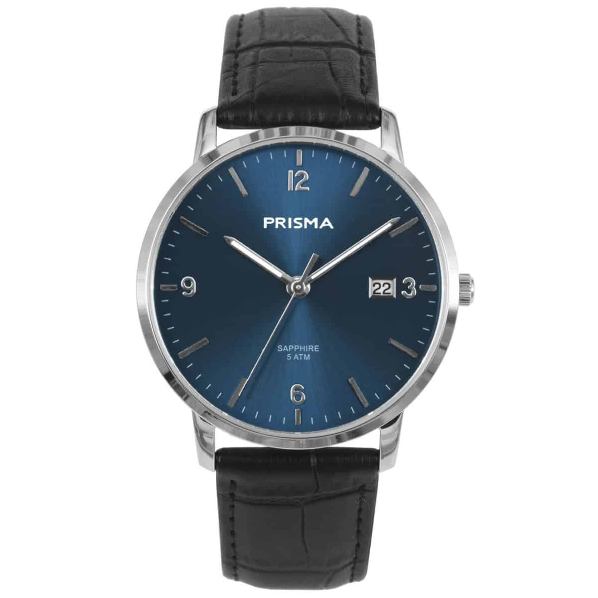 Prisma heren P.1645 horloge edelstaal saffierglas 5 ATM 		
		
Algemeen		
Geslacht: heren		
Model: P.1645		
		
Voordelen		
- band echt leer zwart		
- wijzerplaat blauw met zilvere cijfers (arabisch)		
- glas is zeer krasvast		
- slimeline model (minder dan 9 mm dik)		
- designed in the Netherlands		
- spat waterdicht: handenwassen, regen		
- datum		
- maat kast 39mm (breedte) 7,51mm (dikte)		
		

		
