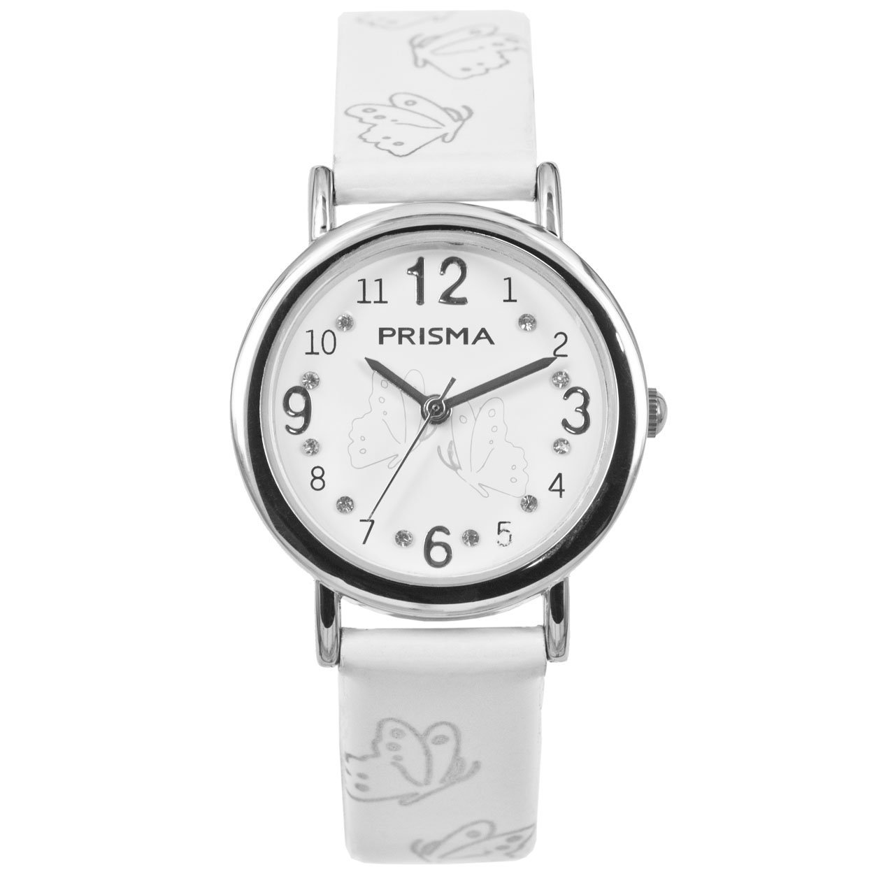 Prisma 312 meisjes Butterfly horloge 		
		
Algemeen		
Geslacht: meisjes		
Model: CW312		
		
Voordelen		
- band PU leder wit		
- wijzerplaat wit met zilvere cijfers (arabisch)		
- slimeline model (minder dan 9 mm dik)		
- duidelijke tijdsweergave		
- spat waterdicht: handenwassen, regen		
- quartz		
- maat kast 28,8mm (breedte) 8mm (dikte)		
	
