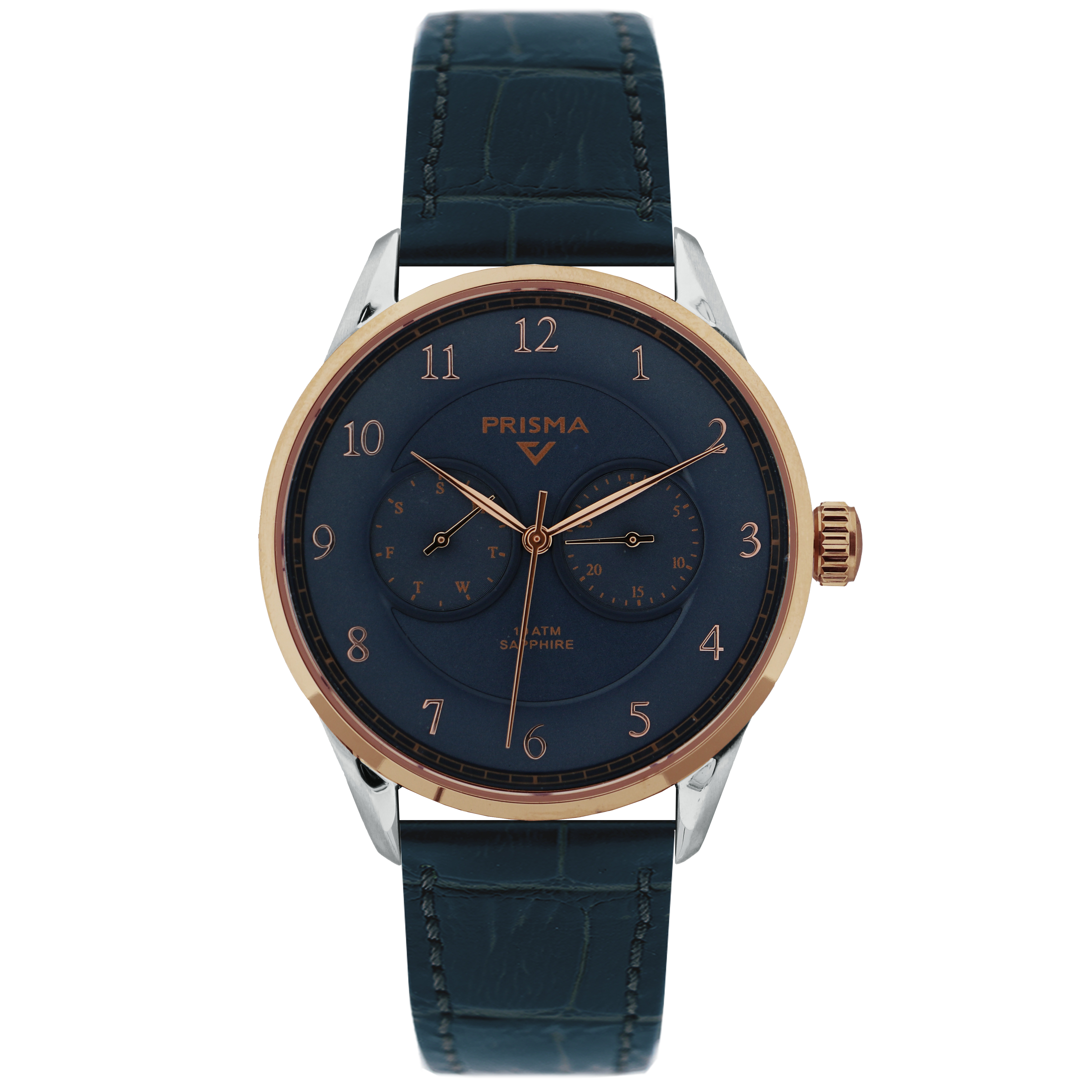Prisma horloge P1363 heren multifunctie edelstaal saffierglas 10 ATM Bicolor rosegold

Algemeen
Geslacht: heren
Model: P.1363

Voordelen
- echt lederen band
- multi-functie
- wijzerplaat blauw met rosegold cijfers (arabisch)
- glas is zeerkrasvast
- ook voor brede pols (max. 225 mm)
- datum wijzer
- dagwijzer
- quartz
- maat kast 39.9mm (breedte) 10,2mm (dikte)

