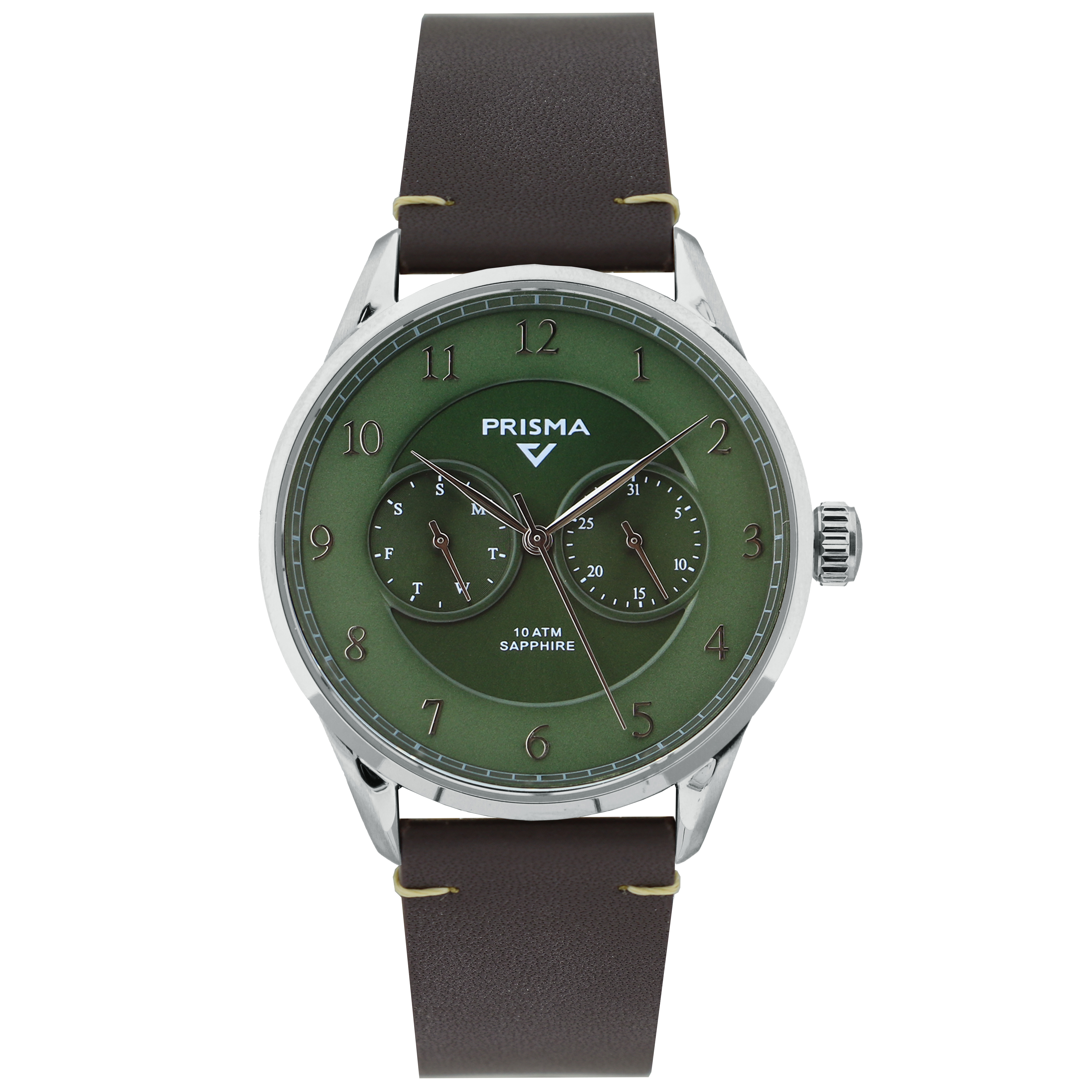 Prisma horloge P1364 heren multifunctie edelstaal saffierglas 10 ATM groene wijzerplaat met bruine echt lederen band

Algemeen
Geslacht: heren
Model: P.1364

Voordelen
- echt lederen band zonder stiksel
- multi-functie
- wijzerplaat groen met zilverkleurige cijfers (arabisch)
- glas is zeer krasvast
- ook voor brede pols (max. 225 mm)
- datum wijzer
- dagwijzer
- quartz
- maat kast 39.9mm (breedte) 10,2mm (dikte)

