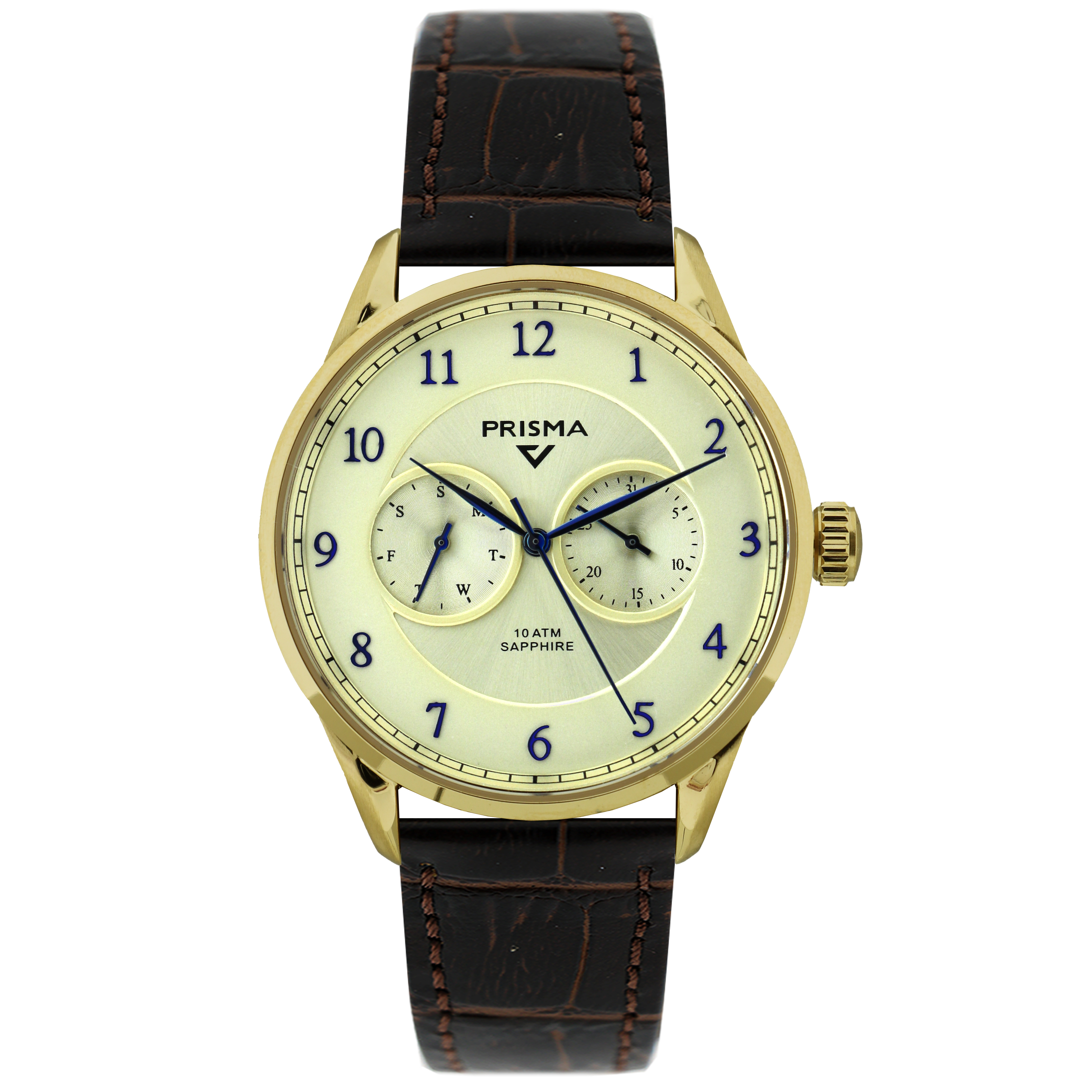 Prisma horloge P1365 heren multifunctie edelstaal saffierglas 10 ATM duuble met champagne kleurige wijzerplaat

Algemeen
Geslacht: heren
Model: P.1365

Voordelen
- becht lederen band bruin Croco
- multi-functie
- wijzerplaat champagner metblauwe cijfers (arabisch)
- glas is zeer krasvast
- ook voor brede pols (max. 225 mm)
- datum wijzer
- dagwijzer
- quartz
- maat kast 39.9mm (breedte) 10,2mm (dikte)

