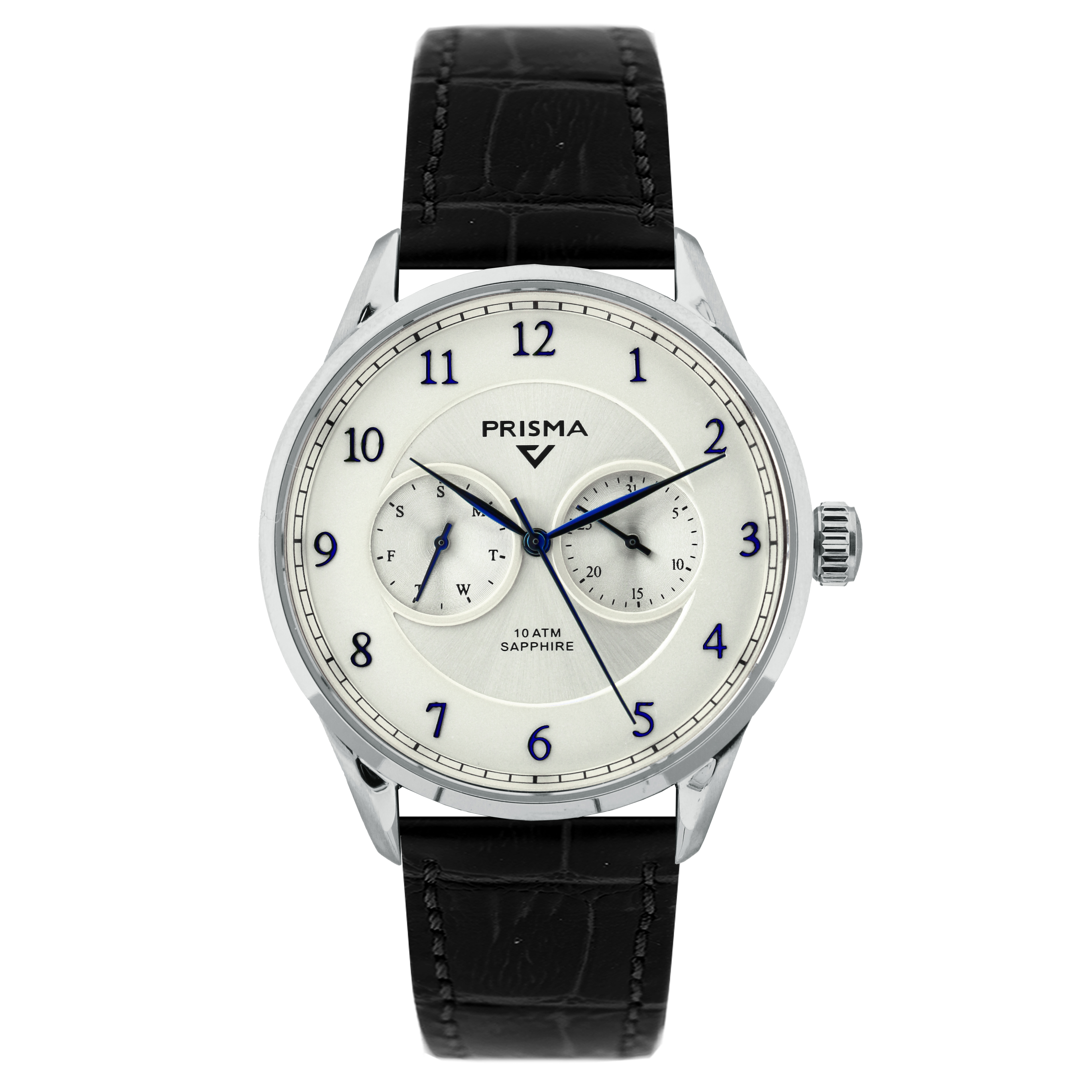 Prisma horloge P1366 heren multifunctie edelstaal saffierglas 10 ATM met off-white wijzerplaat

Algemeen
Geslacht: heren
Model: P.1364

Voordelen
- echt lederen crocoprint horlogeband
- multi-functie
- wijzerplaat off-white met blauwe cijfers (arabisch)
- glas is zeer krasvast
- ook voor brede pols (max. 225 mm)
- datum wijzer
- dagwijzer
- quartz
- maat kast 39.9mm (breedte) 10,2mm (dikte)

