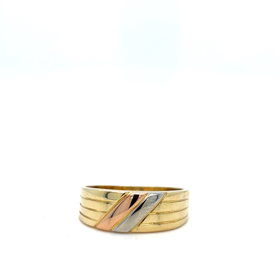 Occasion tricolor zegelring met geel-, wit- en rose goud in 14 karaat