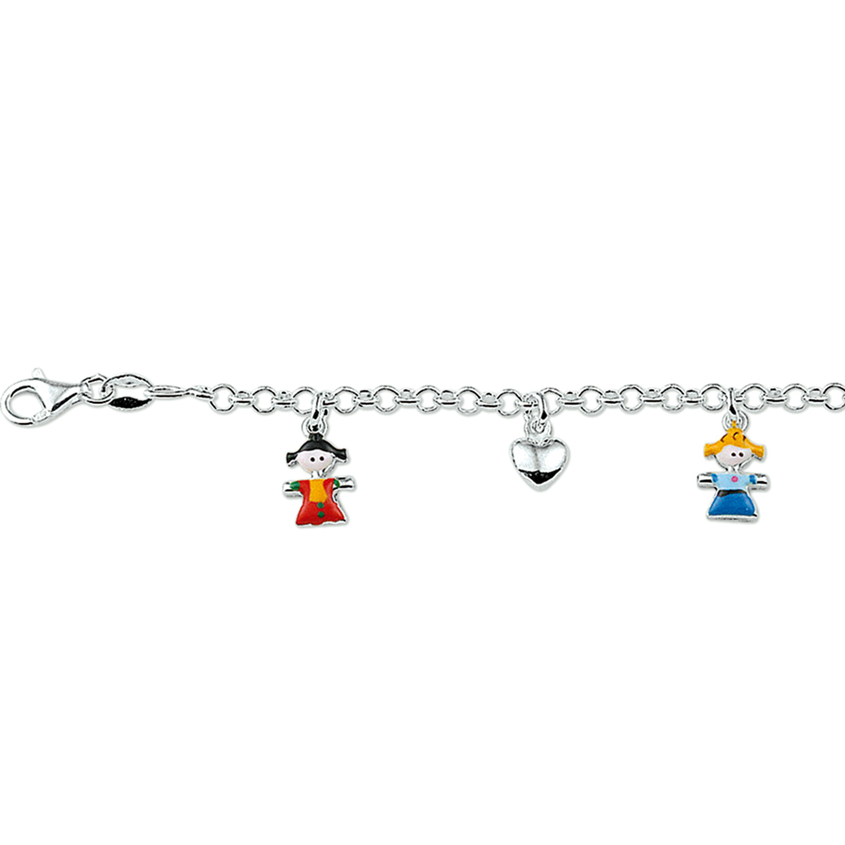 Zilveren armband met 5 bedels. De armband is onderdeel van een set. De lengte van de armband bedraagt 13cm met 2cm extensie. De schakelbreedte bedraagt 3.0mm.