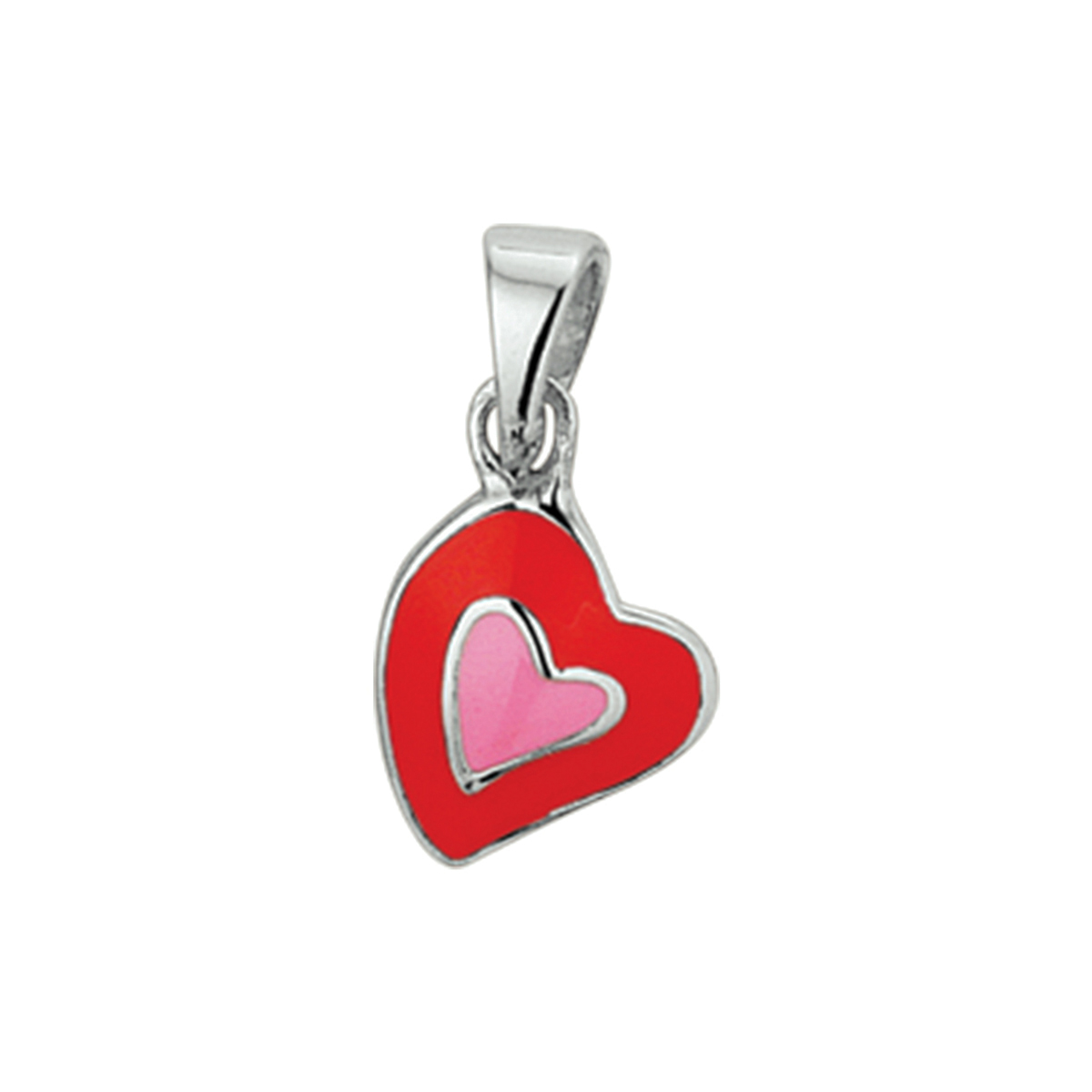 Gerhodineerd zilveren hart met rood en roze emaille in een poli afwerking. De hanger heeft een afmeting van 8.5x7.5mm en is uitgevoerd met een stevig oog. Deze hanger is te combineren met bijpassende sieraden uit onze collectie.