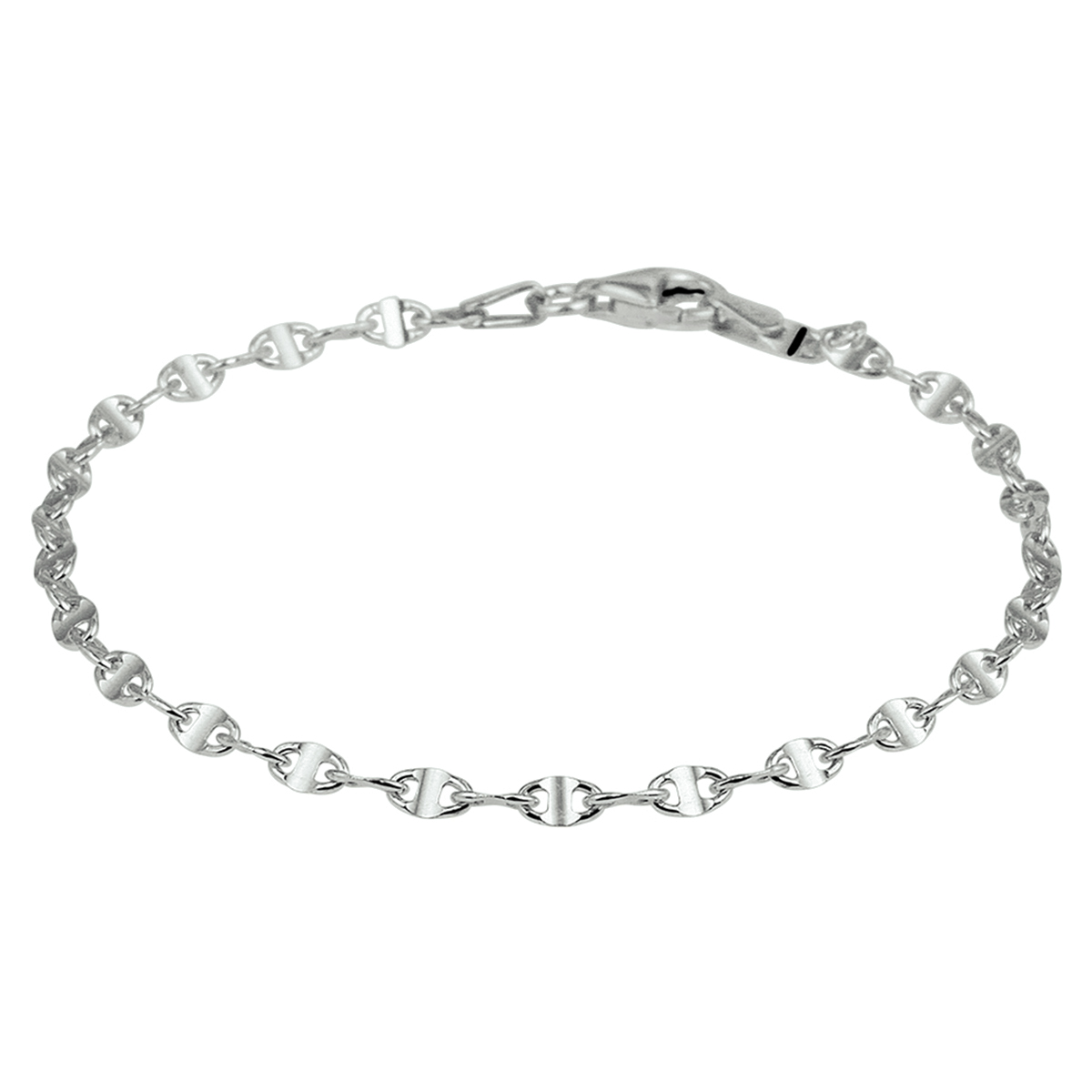 Modern gerhodineerd zilveren enkelbandje met een anker schakel en een draaglengte van 24cm uitgevoerd met een stevig karabijn slot. Info: Gerhodineerd zilver is door de rhodiumlaag beter bestand tegen verkleuren en krassen.