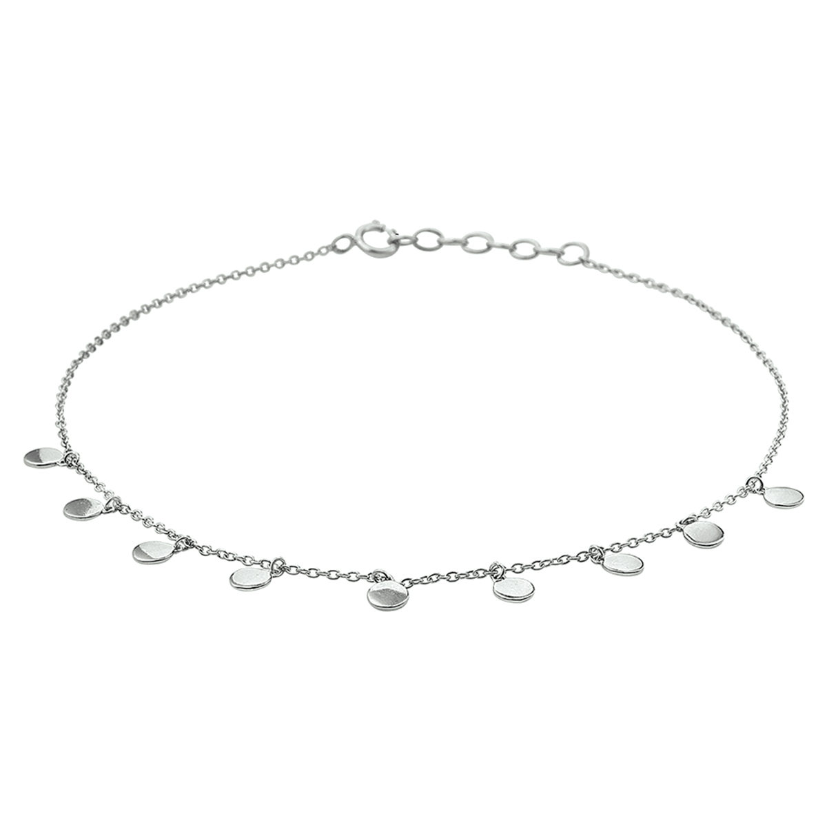 Trendy gerhodineerd zilveren enkelbandje uitgevoerd met ronde hangers van 4.3mm in diameter. Met een draaglengte van 24cm en een extensie van 2cm. Het enkelbandje is te combineren met bijpassende sieraden uit onze collectie. Info: Gerhodineerd zilver is door de rhodiumlaag beter bestand tegen verkleuren en krassen.