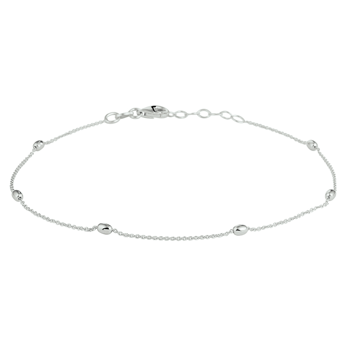 Trendy  zilveren enkelbandje uitgevoerd met poli afgewerkte ovaal gevormde bolletjes met afmetingen van 2.5x3.6mm. Met een draaglengte van 24cm en een extensie van 2cm. Het enkelbandje heeft een karabijn sluiting. Tip: Leuk om kado te geven! Info: Gerhodineerd zilver is door de rhodiumlaag beter bestand tegen verkleuren en krassen.