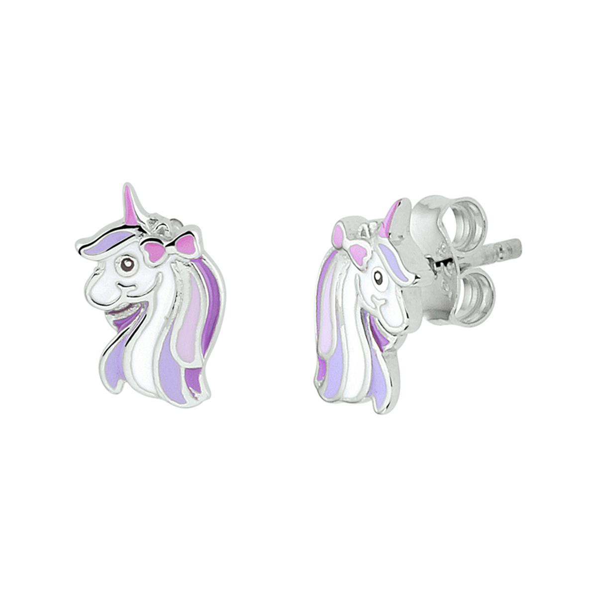 Schattige gerhodineerd zilveren fantasie eenhoorn oorknoppen met een afmeting van 10.5x6.5mm. Deze oorknoppen zijn perfect te combineren met bijpassende sieraden uit onze collectie. Tip: Leuk om kado te geven zie je ze al stralen!? Info: Gerhodineerd zilver is door de rhodiumlaag beter bestand tegen verkleuren en krassen.
