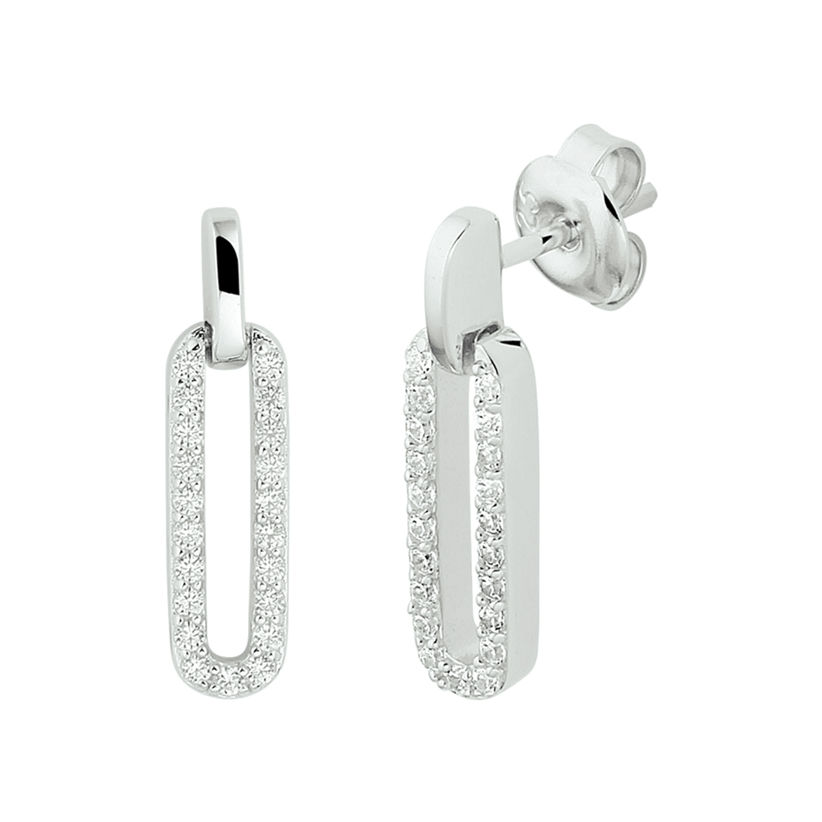 Gerhodineerd 925 zilveren oorhangers uitgevoerd met een schitterende zirkonia rij. De oorhangers hebben een afmeting van 20x5mm.