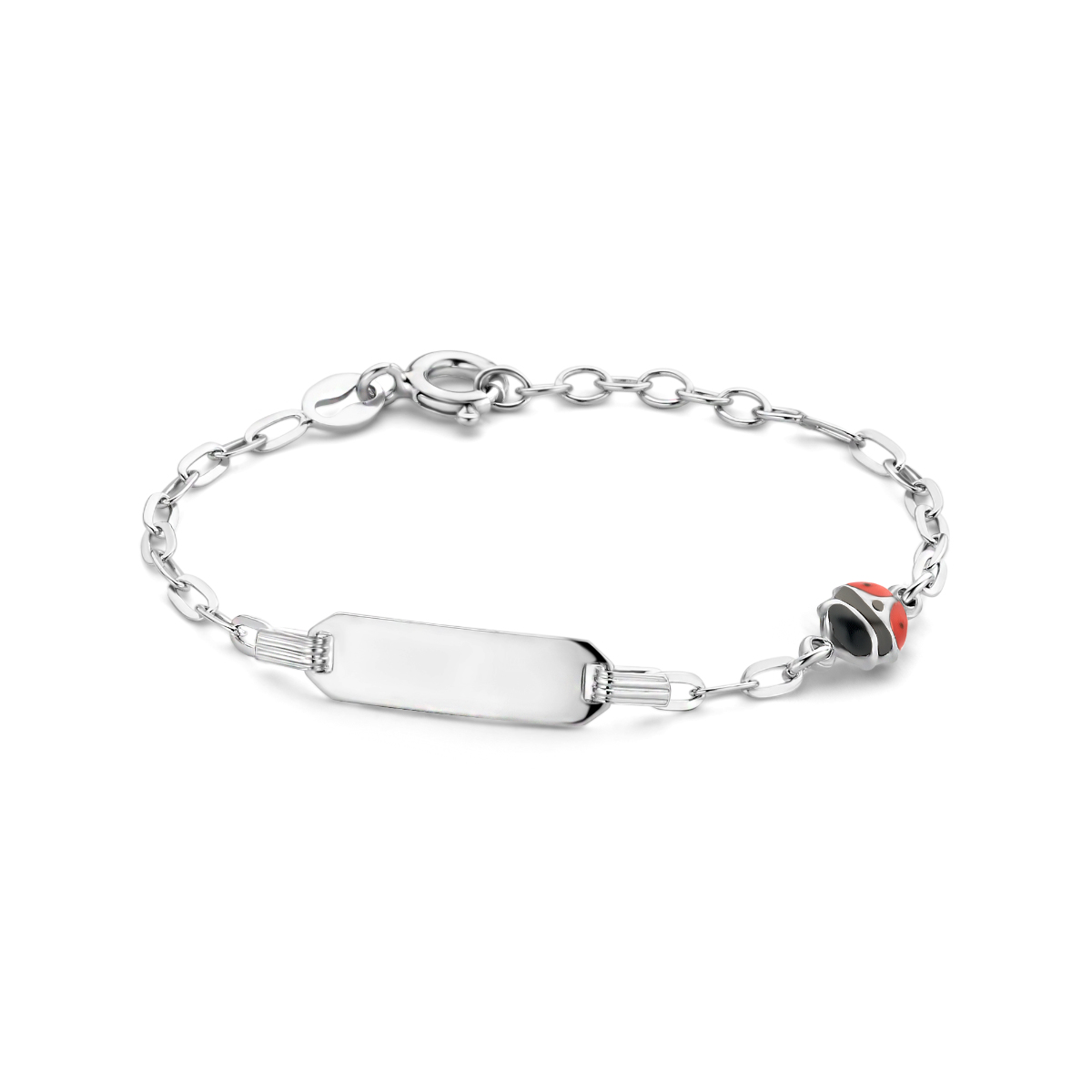 Gerhodineerd 925 zilveren graveerarmband uitgevoerd met een lieveheersbeestje. De armband heeft een draaglengte van 11cm en een extensie van 2cm. De schakelbreedte is 2.2mm. De graveerplaat heeft een dikte van 0.6mm.