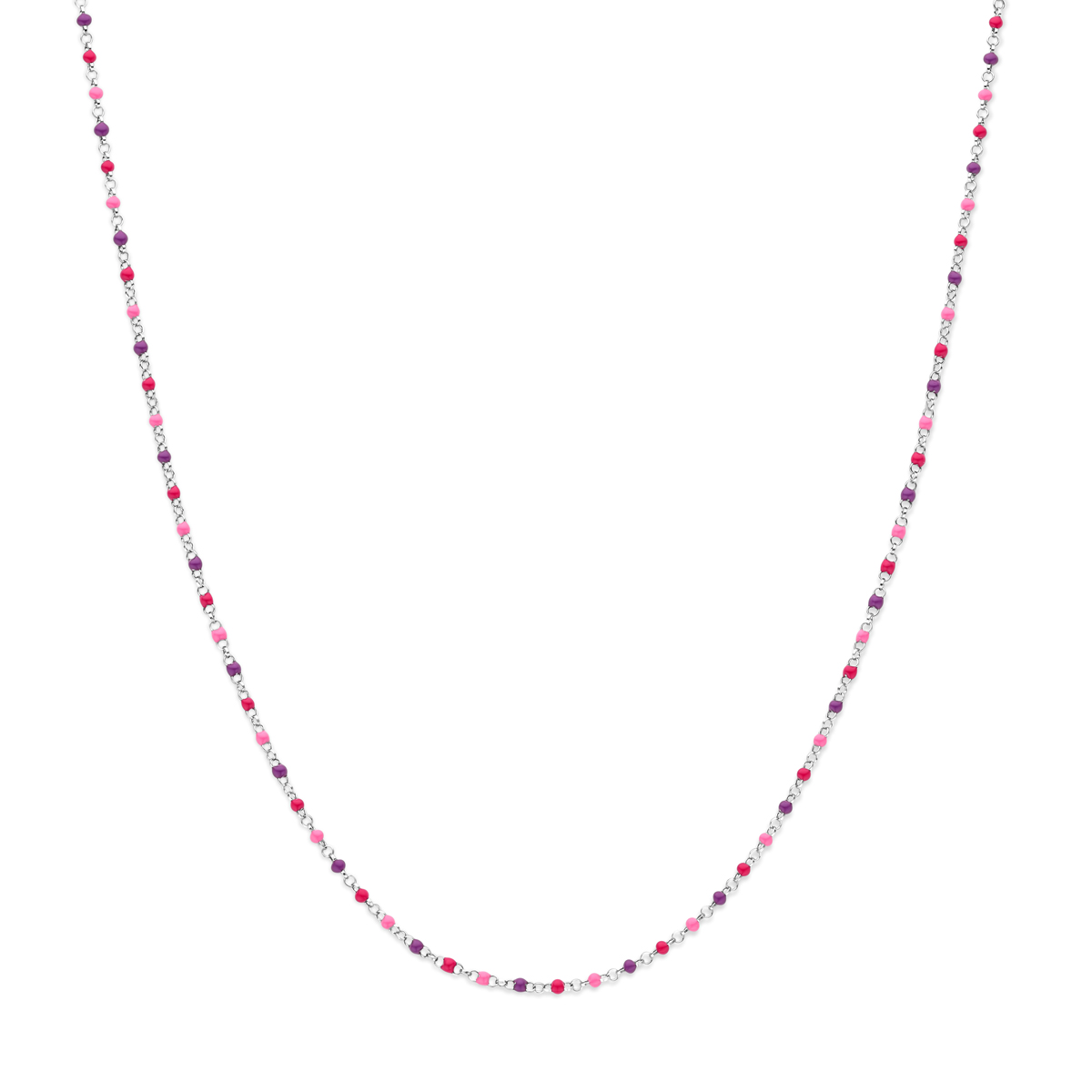 Gerhodineerd 925 zilveren collier uitgevoerd met emaille bolletjes. Het collier heeft een draaglengte van 36cm en een extensie van 4cm. Uitgevoerd met karabijnsluiting. De schakelbreedte is 1.7mm.