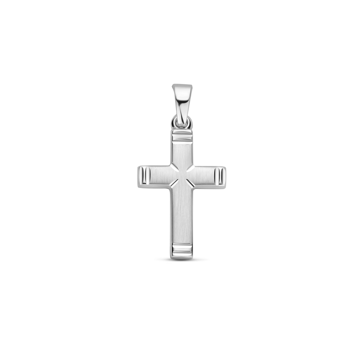Gerhodineerd 925 zilveren hanger in de vorm van een kruis. De hanger heeft een drie delige bewerking gematteerd, gepolijst en gediamanteerd. De hanger heeft een totale hoogte van 24mm en een afmeting van 20x12mm.