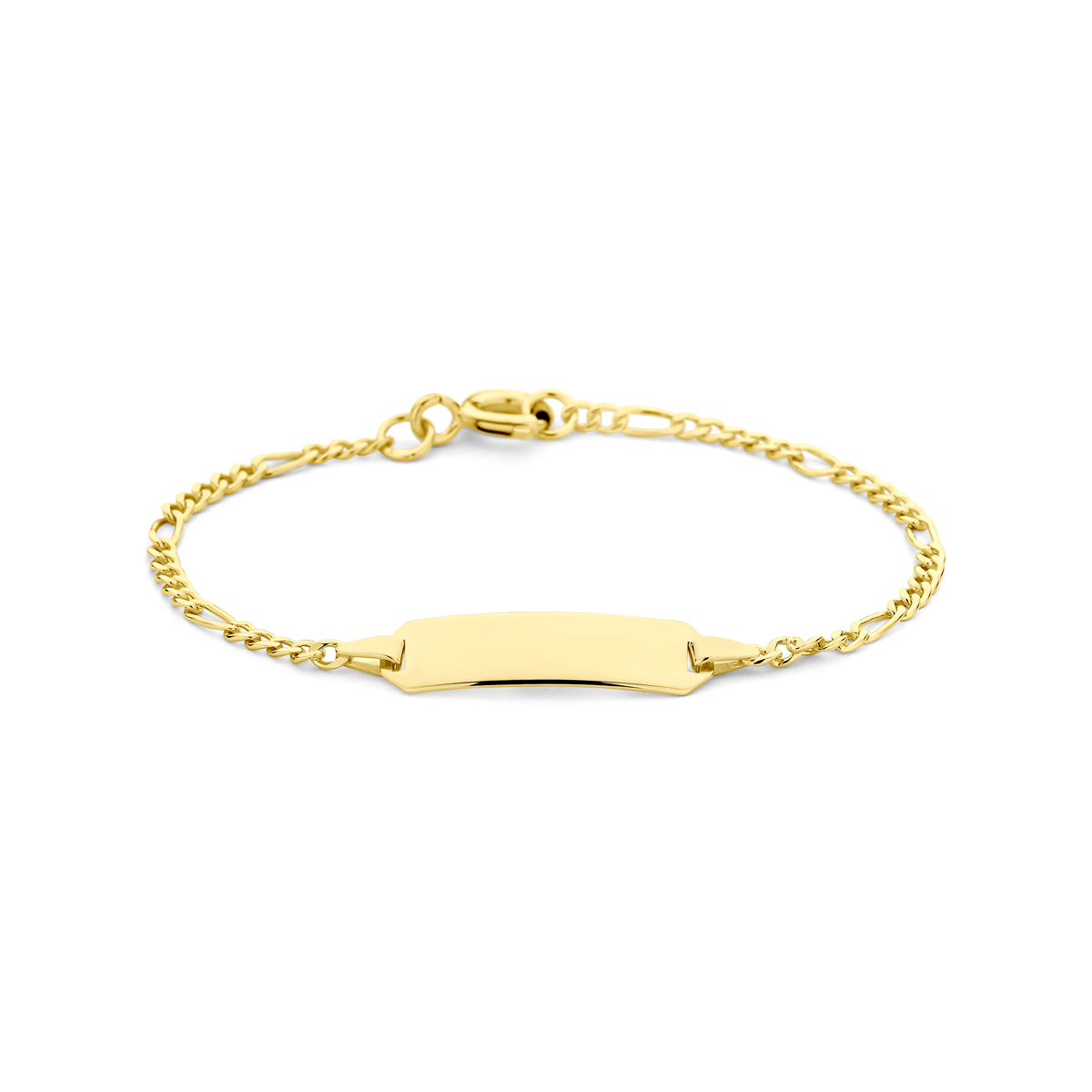 Geelgouden graveerarmband met een poli afwerking. De lengte van de armband bedraagt 11cm met 2cm extensie. 
Doelgroep: kinderen
Breedte: 20 mm
Kortste lengte: 11 cm
Langste lengte: 13 cm