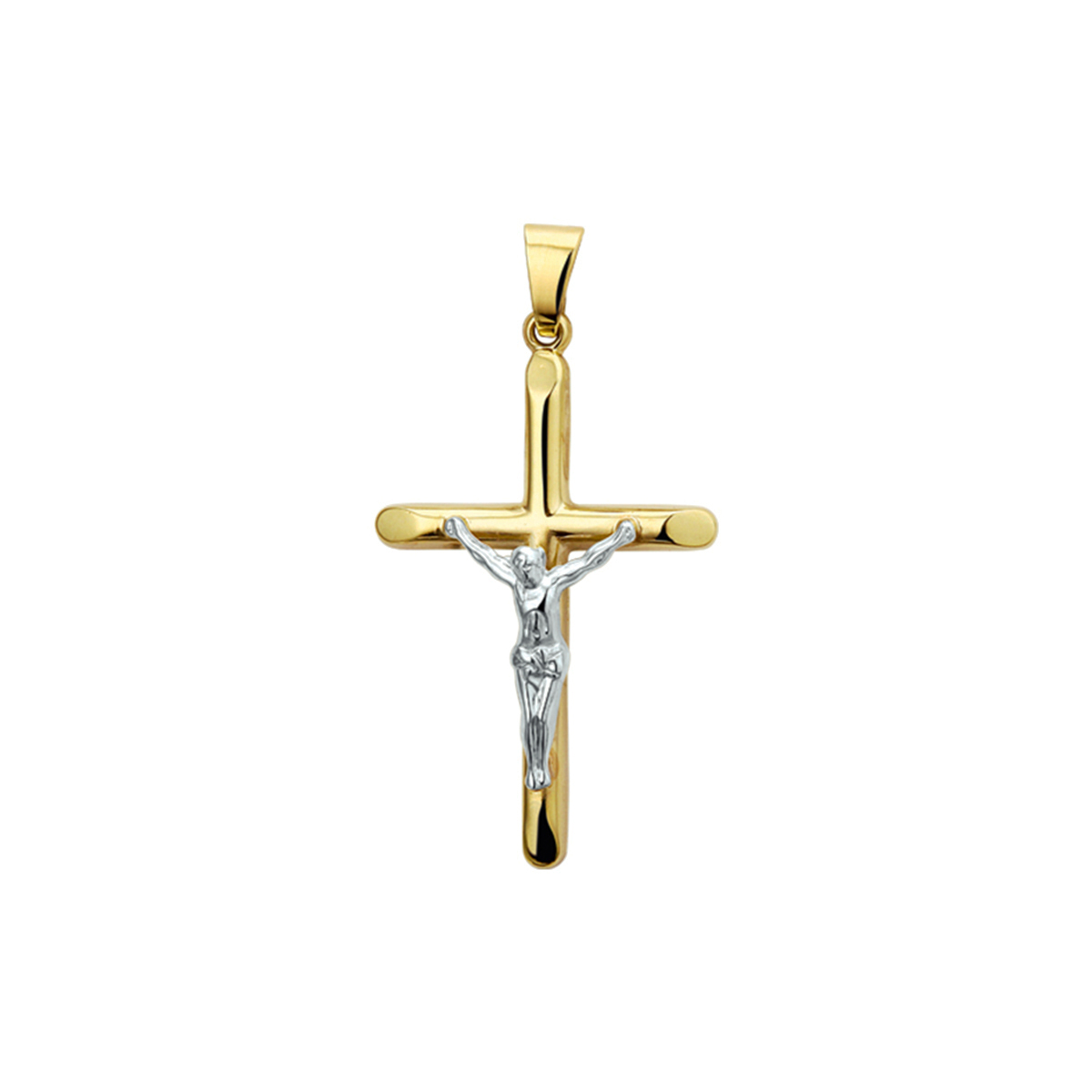 Geelgouden kruis hanger met een afmeting van 28x18mm uitgevoerd met een corpus en stevig hangoog.