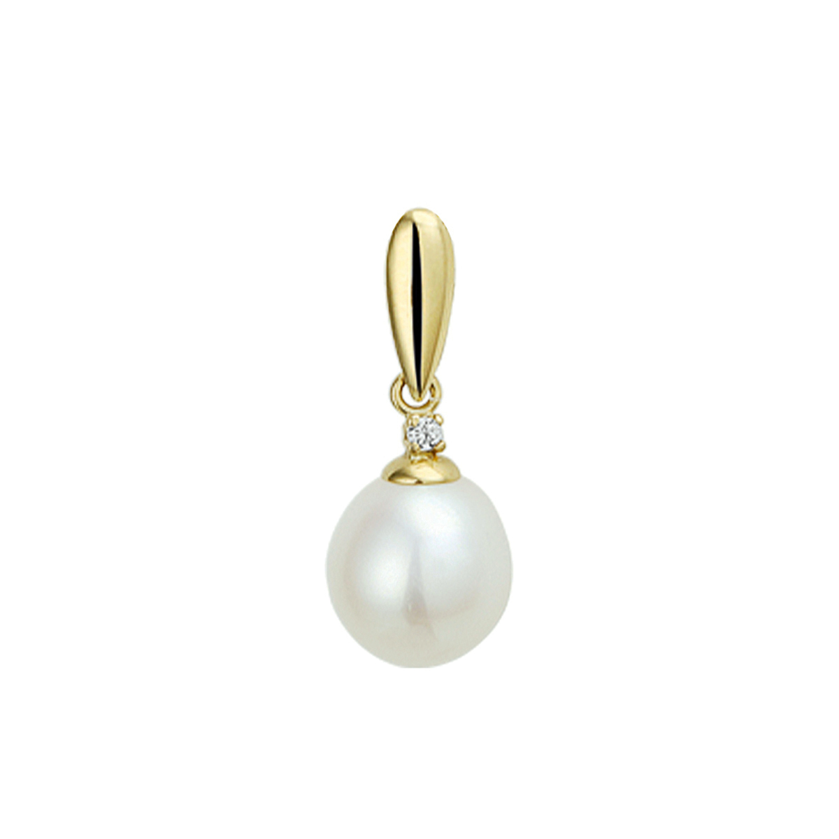 Geelgouden hanger met zoetwaterparel en zirkonia. De hanger is onderdeel van een set.