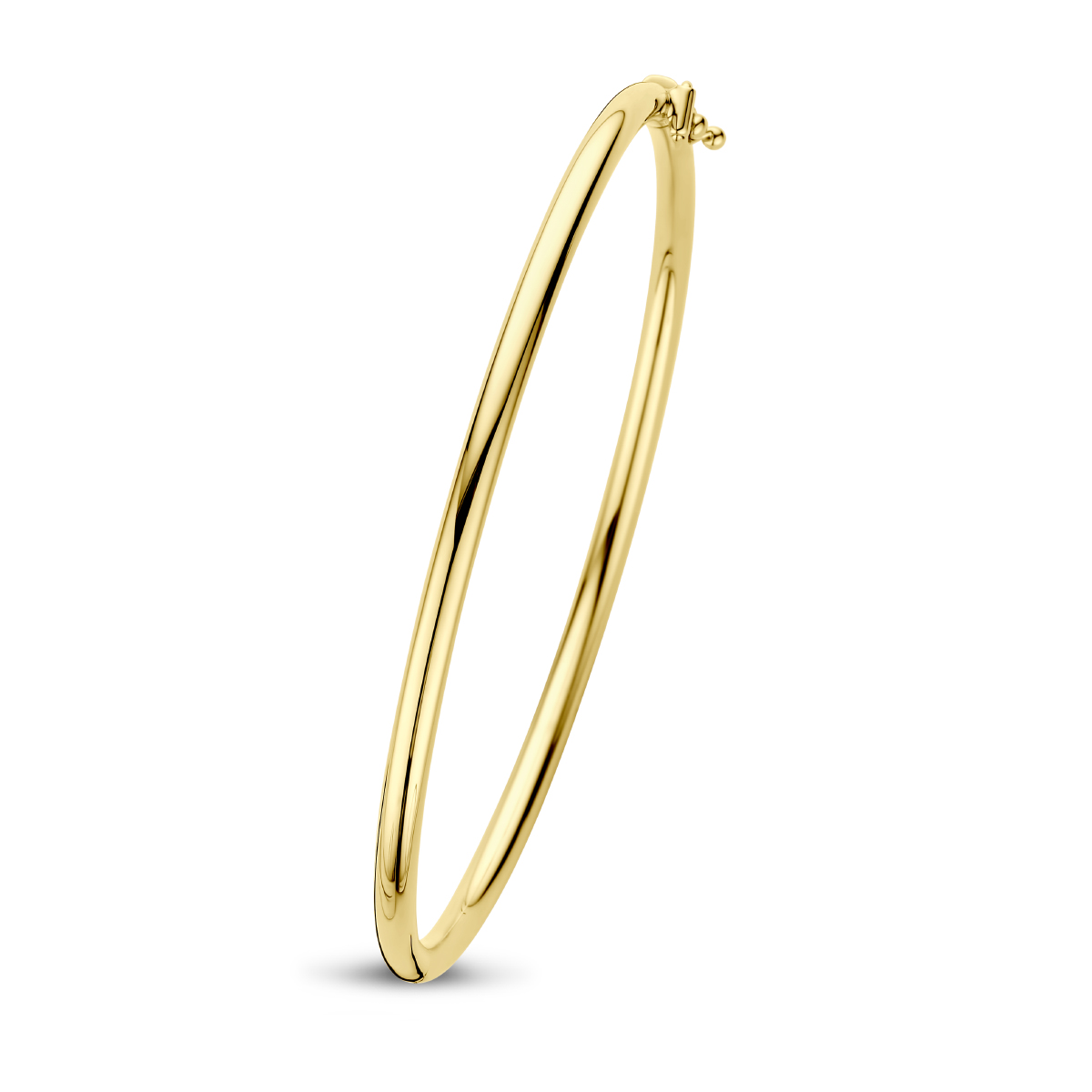 Geelgouden bangle met een afmeting van 3mm. De bangle is uitgevoerd met een ronde buis en een stevige scharnier sluiting.