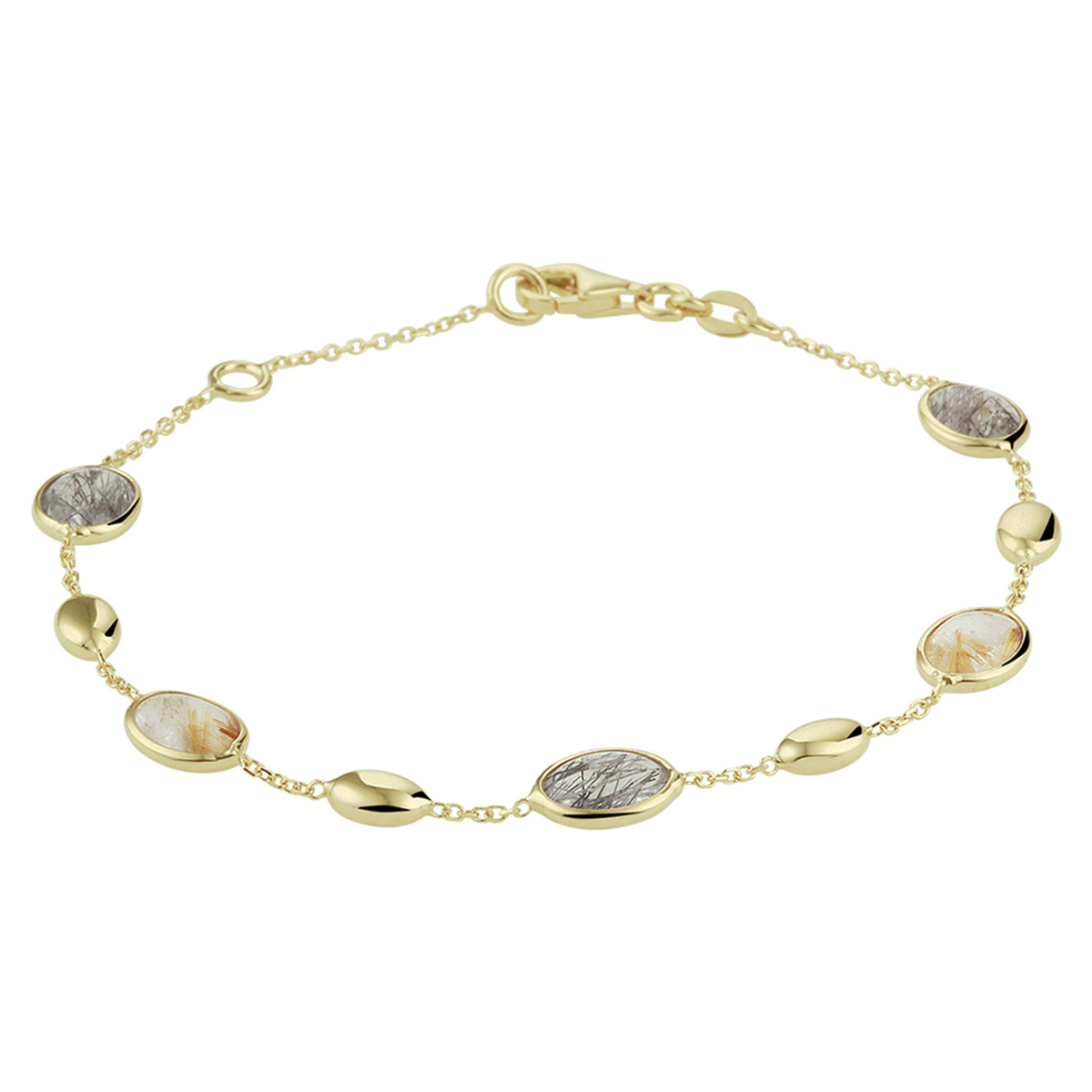 Gouden armband met edelstenen en 14k geelgouden plaatjes. Door de subtiele kleuren van het rutiel kwarts (goud en zwart) is hij te dragen bij heel veel kleding. De armband heeft een verstelbare lengte van 17 of 19 cm en een karabijn slot. De fijne ankerschakel is gemaakt van 14k geelgoud en is 1,1mm breed.