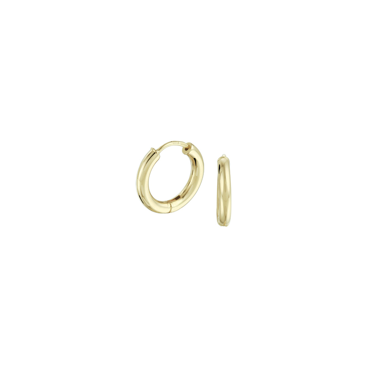 De 14krt. Geelgouden klap oorringen (scharnier), modelnummer 4022737, zijn ronde creolen met een glanzende afwerking. Ze zijn goudkleurig, hebben een diameter van 15 mm en een breedte van 2,5 mm. Het totale gewicht is 1,47 gram. Perfect als stijlvolle aanvulling op zowel casual als formele outfits. Draag bij voorkeur met opgestoken haar om de elegante uitstraling te benadrukken.