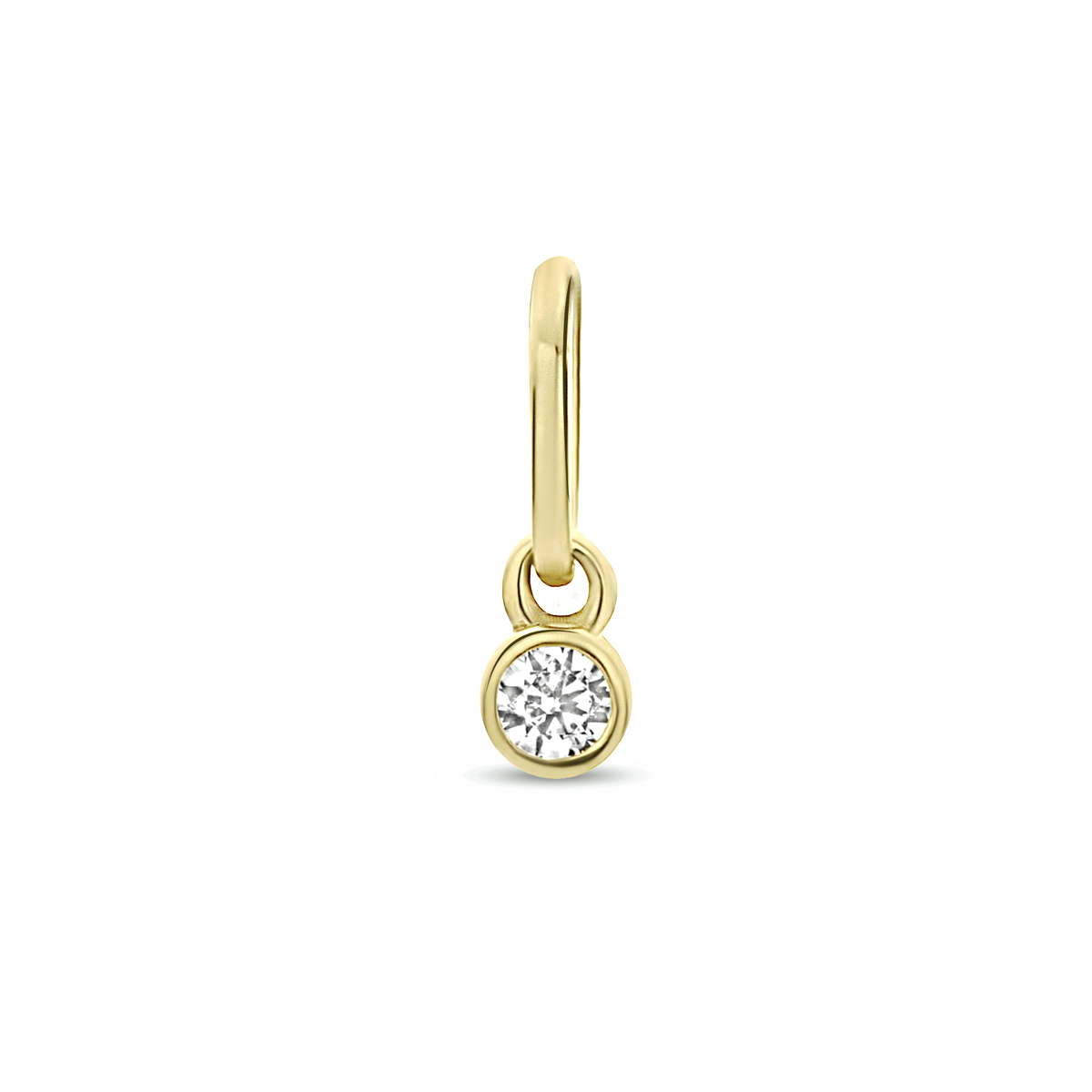 14k Geelgouden hanger uitgevoerd met een schitterende zirkonia. De hanger heeft een totale hoogte van 7mm en een breedte van 2mm.