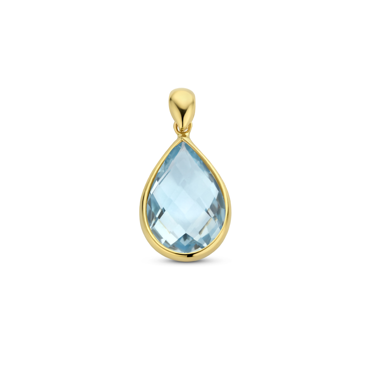 14k Geelgouden hanger uitgevoerd met een schitterende blauw topaas. De hanger heeft een afmeting van 9x15mm.