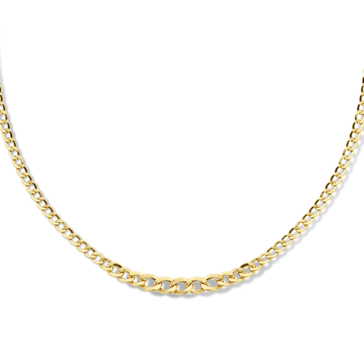 14k Geelgouden collier met gourmette schakels tussen 3.5 en 5.5mm. Het collier heeft een draaglengte van 45cm.