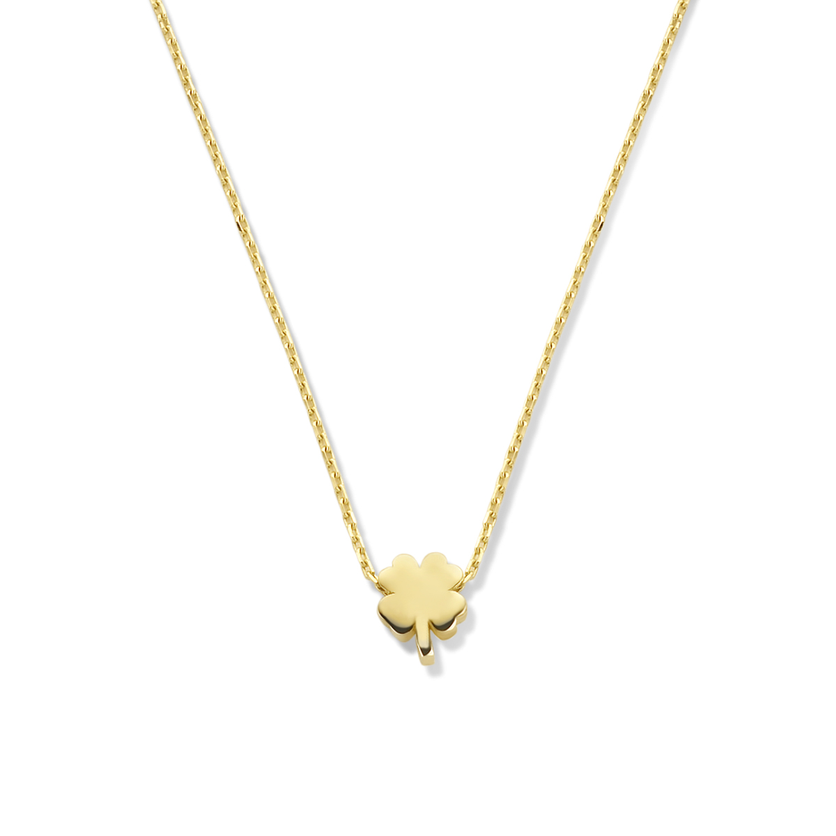 14k Geelgouden collier uitgevoerd met een klavertje. Het collier heeft draaglengtes van 42 en 45cm. De schakelbreedte is 0.7mm.