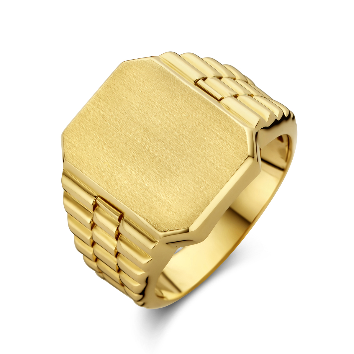 14k Geelgouden graveerring met een afmeting van 17.5x13.5mm.