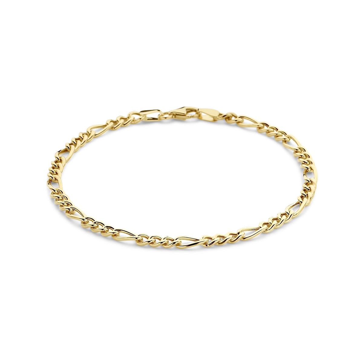 14k Geelgouden figaro armband met een draaglengte van 19.5cm. Uitgevoerd met een karabijn sluiting.