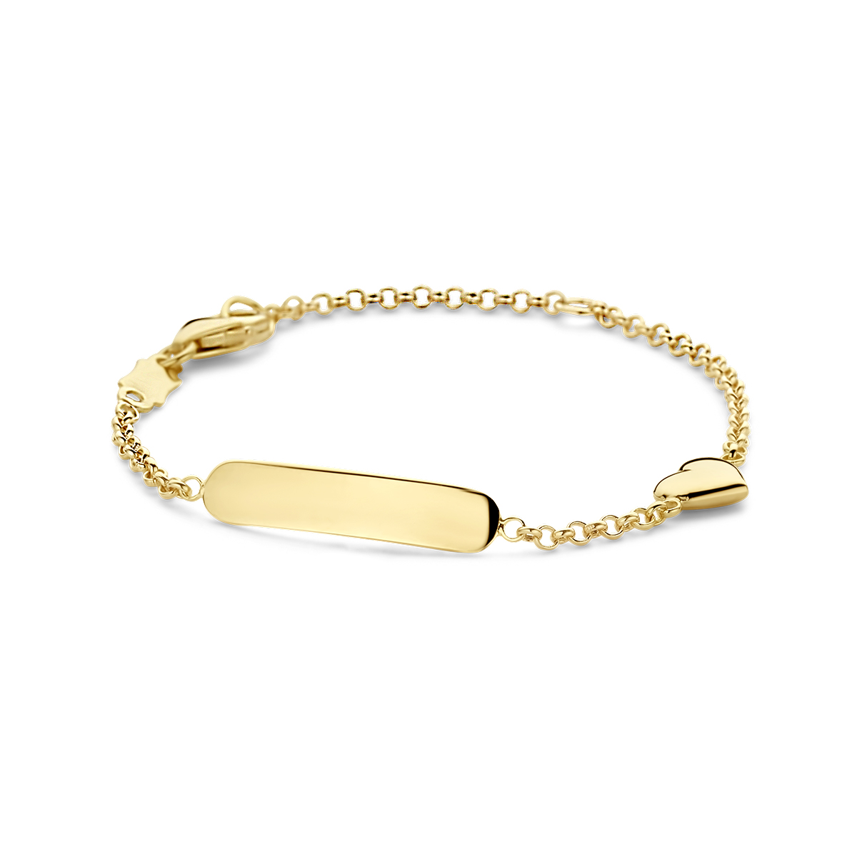 14k Geelgouden graveerarmband met een hartje van 5x6mm. Uitgevoerd met een karabijn sluiting. De schakelbreedte is 1.5mm.