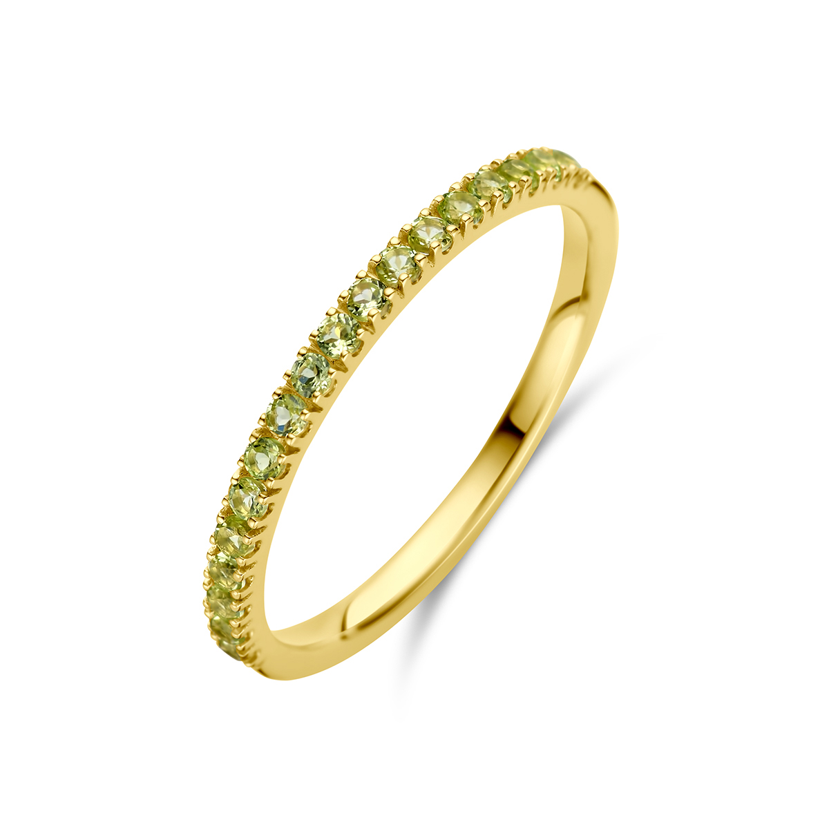14k Geelgouden ring met geboortesteen uitgevoerd met peridoot. De ring heeft een breedte van 1.5mm.