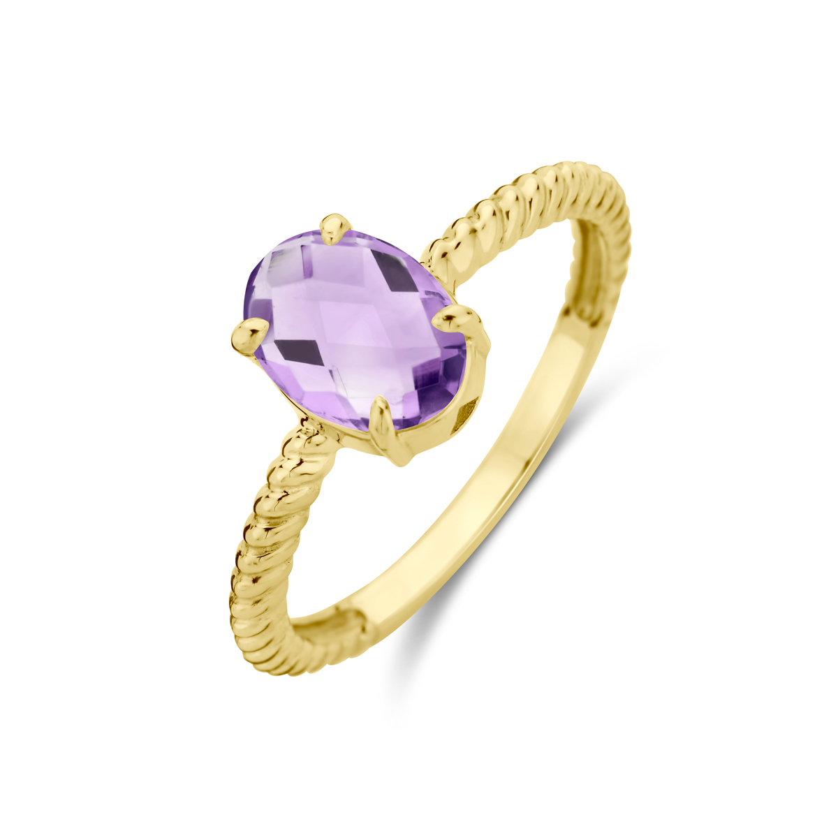 14k Geelgouden ring uitgevoerd met amethist. De steen heeft een afmeting van 8x6mm.