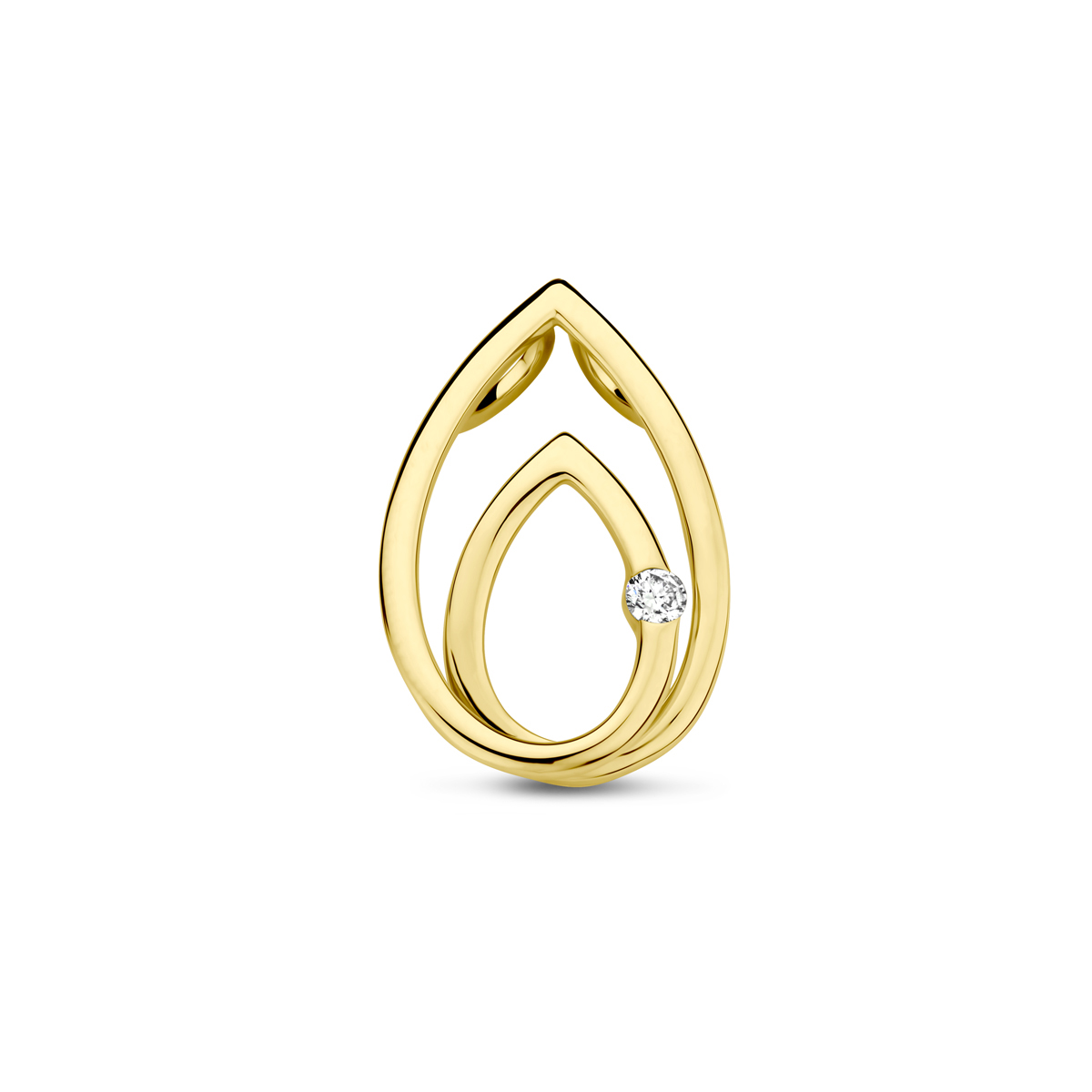 14k Geelgouden hanger uitgevoerd met diamant. De hanger heeft een afmeting van 19x12.5mm.