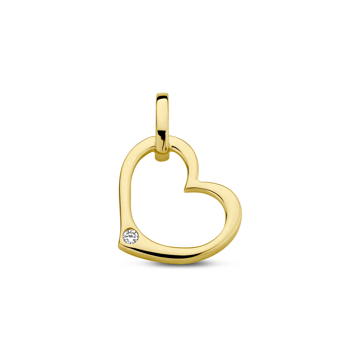 14k Geelgouden hanger uitgevoerd in de vorm van een hart met diamant. De hanger heeft een afmeting van 14x9.5mm.