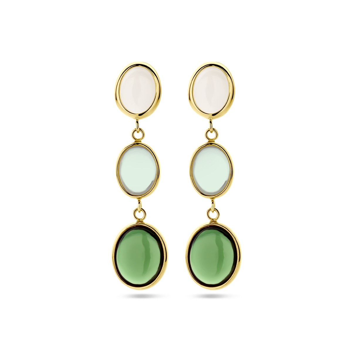14k Geelgouden oorhangers uitgevoerd met wit aventurijn, groen amethist en groen toermalijn. De oorhangers hebben een totale hoogte van 36mm.