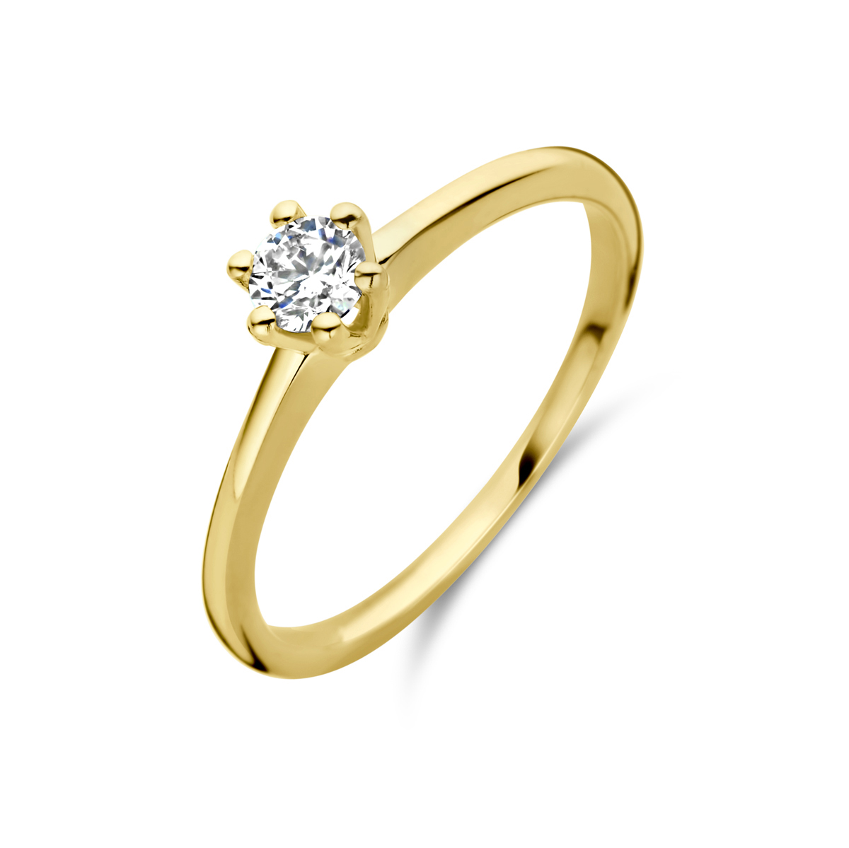 14k Geelgouden ring uitgevoerd met diamant. De ring heeft een breedte van 4.8mm.&nbsp; &nbsp;&nbsp;