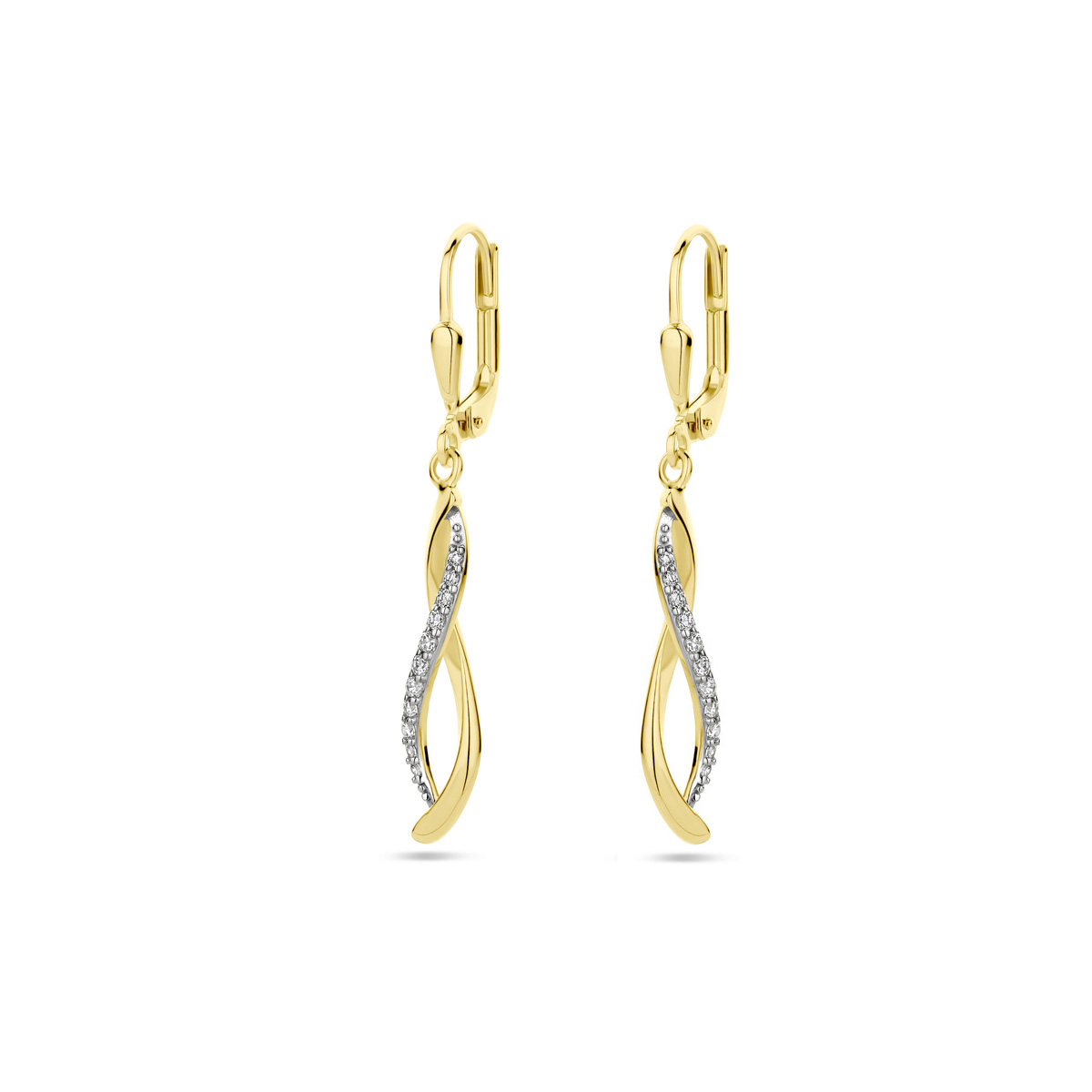 14k Geelgouden oorhangers uitgevoerd met zirkonia. De oorhangers hebben een totale hoogte van 37mm.