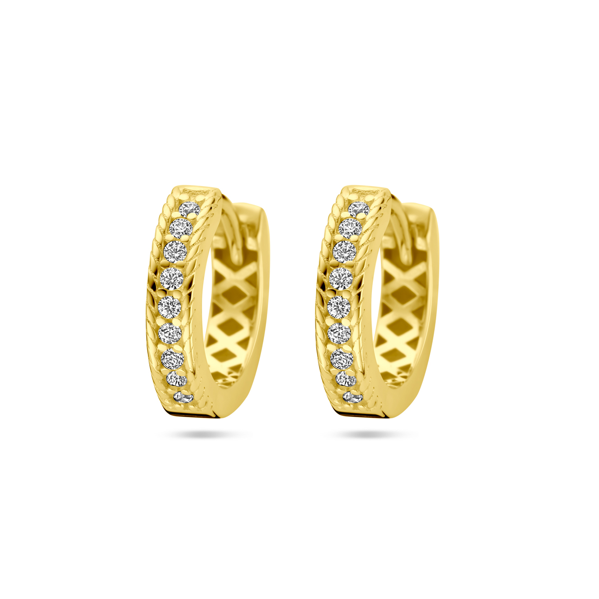 14k Geelgouden klapoorringen uitgevoerd met zirkonia. De klapoorringen hebben een afmeting van 13x3mm.