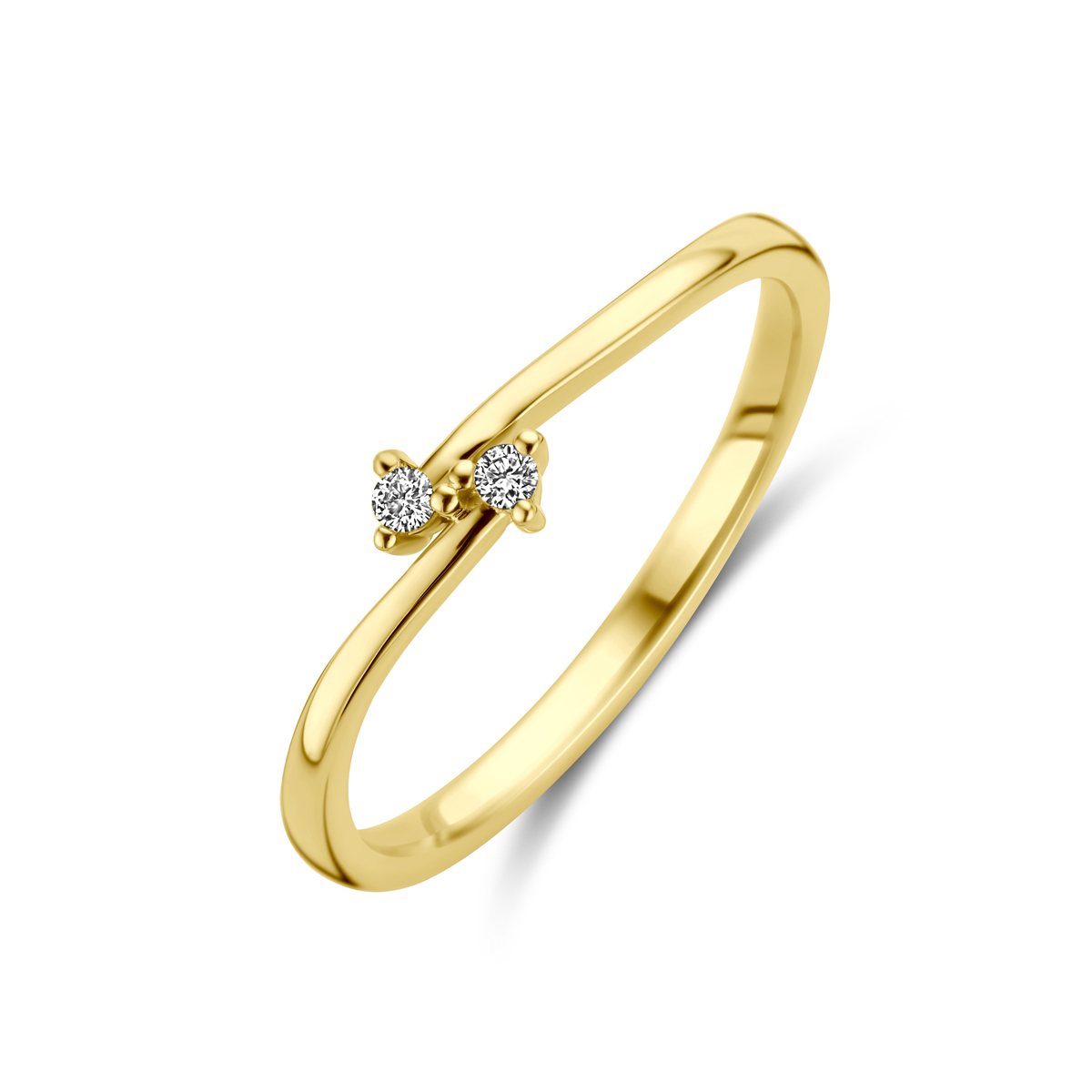 14k Geelgouden ring uitgevoerd met diamant. De ring heeft een breedte van 4mm. Het diamantgewicht is 0.03ct.