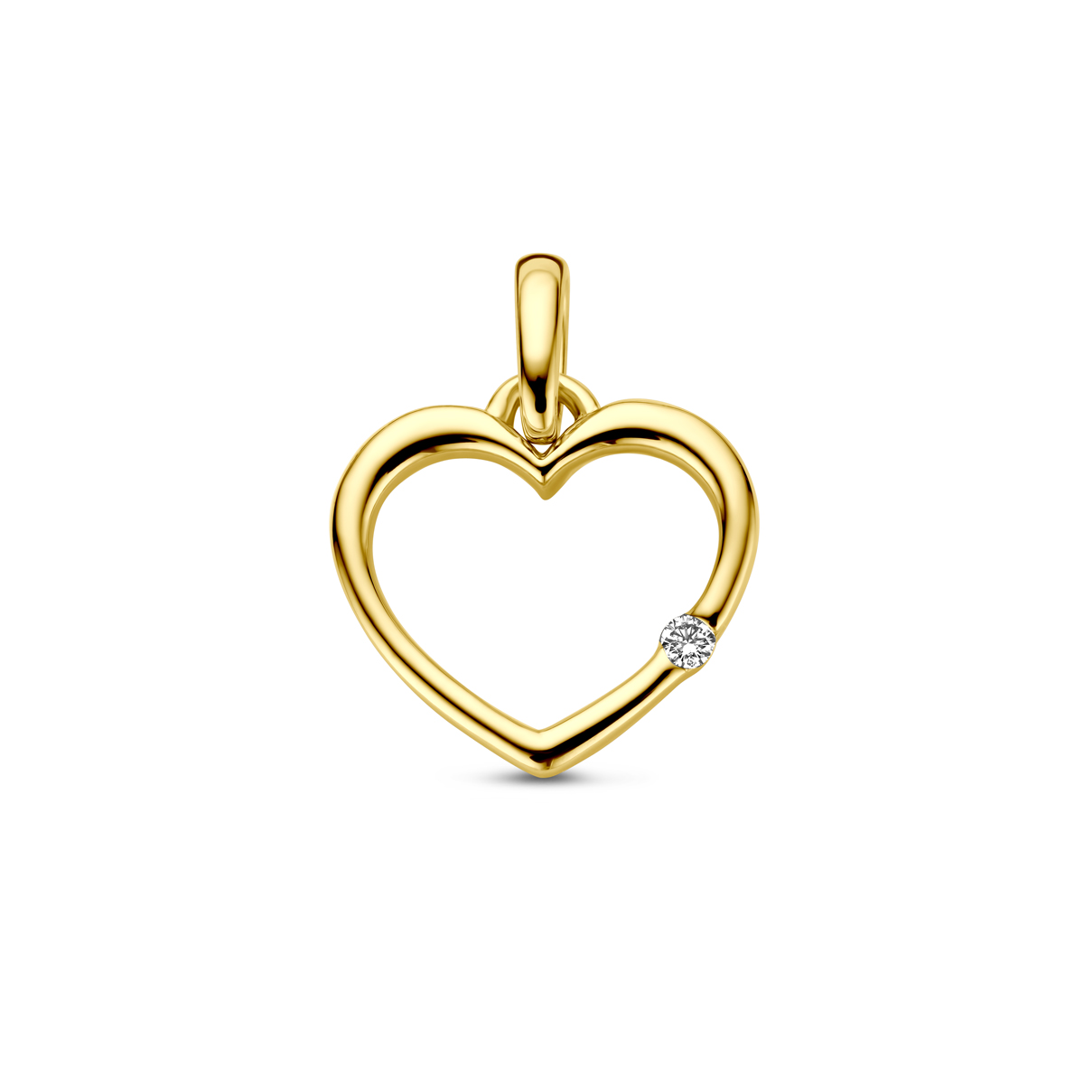 14k Geelgouden hanger in de vorm van een hart met diamant. Het diamantgewicht is 0.01ct. Het hart heeft een afmeting van 10.5x11mm.