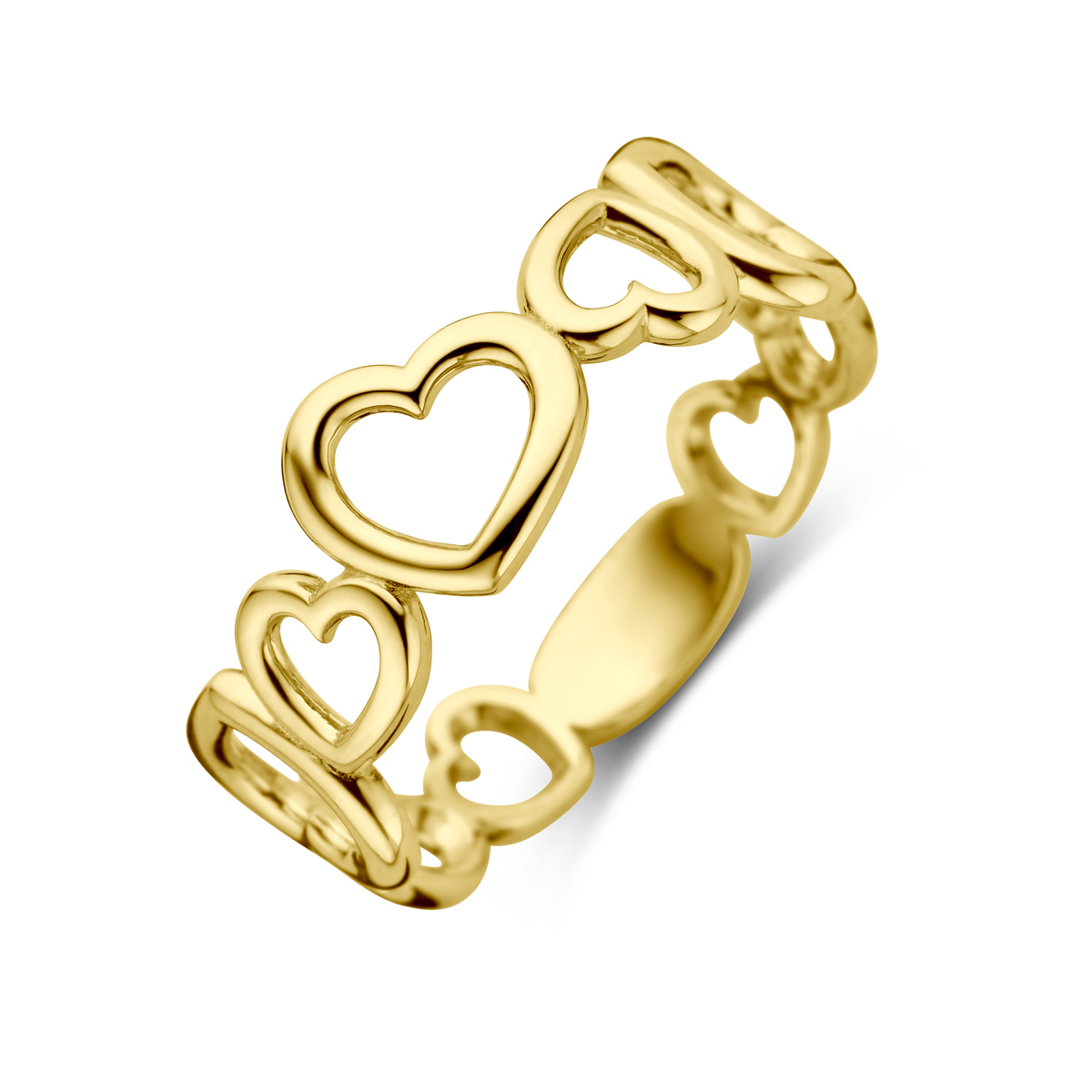 14k Geelgouden ring uitgevoerd met hartjes. De ring heeft een breedte van 7.5mm.